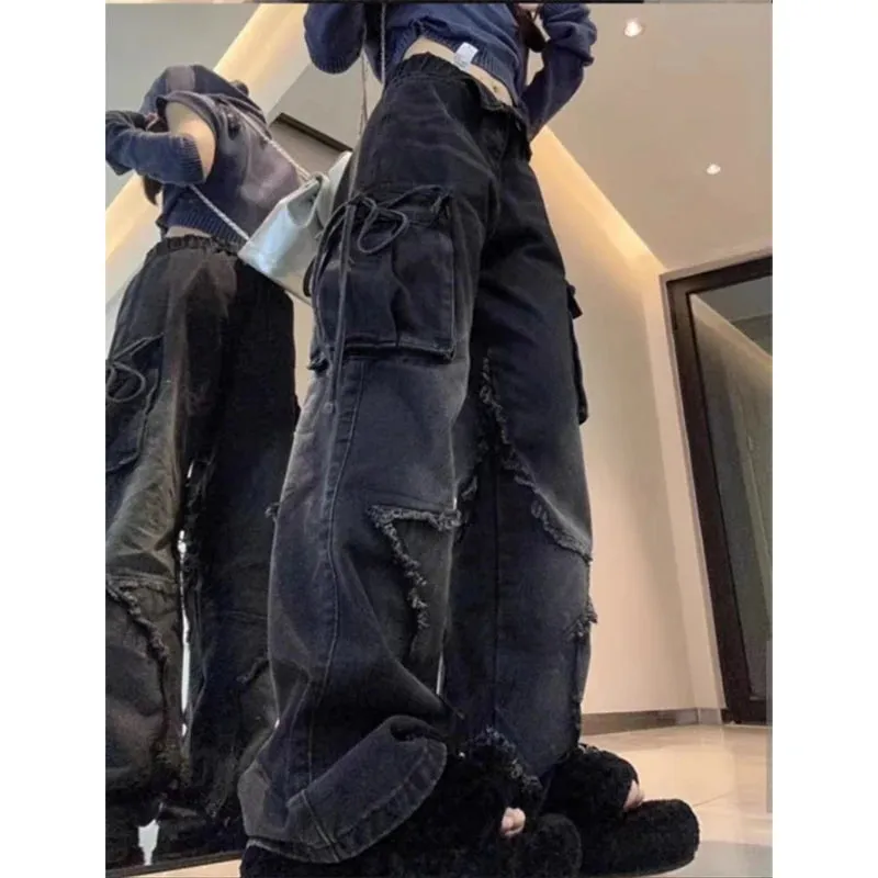 Aiertu Women's Black Gothic Baggy Cargo Jeans with Star Harajuku Y2k 90s Aesthetic Denim Trousers Emo 2000s Jean Pants Vintage Clothes