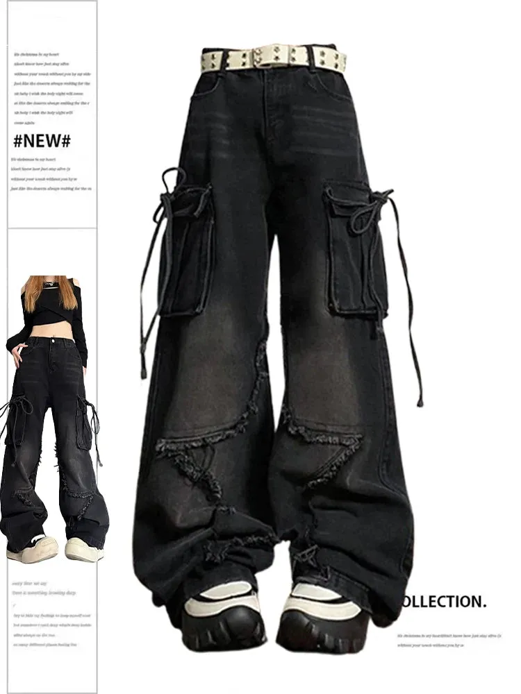Aiertu Women's Black Gothic Baggy Cargo Jeans with Star Harajuku Y2k 90s Aesthetic Denim Trousers Emo 2000s Jean Pants Vintage Clothes