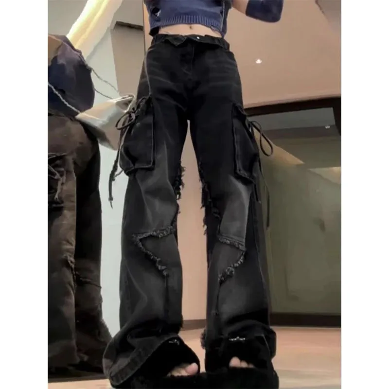 Aiertu Women's Black Gothic Baggy Cargo Jeans with Star Harajuku Y2k 90s Aesthetic Denim Trousers Emo 2000s Jean Pants Vintage Clothes