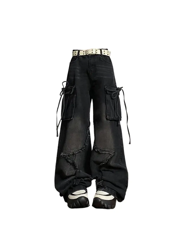 Aiertu Women's Black Gothic Baggy Cargo Jeans with Star Harajuku Y2k 90s Aesthetic Denim Trousers Emo 2000s Jean Pants Vintage Clothes