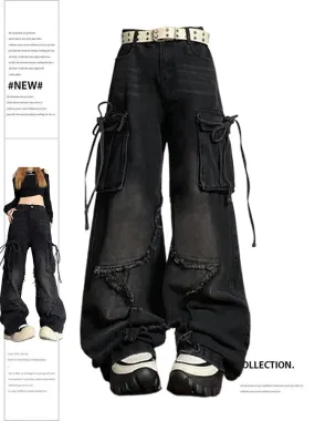 Aiertu Women's Black Gothic Baggy Cargo Jeans with Star Harajuku Y2k 90s Aesthetic Denim Trousers Emo 2000s Jean Pants Vintage Clothes