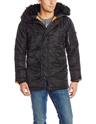 Alpha Industries Men's N-3B Slim-Fit Parka Coat with Removable Faux-Fur Hood Trim, Black/Orange, X-Large