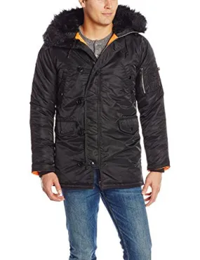 Alpha Industries Men's N-3B Slim-Fit Parka Coat with Removable Faux-Fur Hood Trim, Black/Orange, X-Large