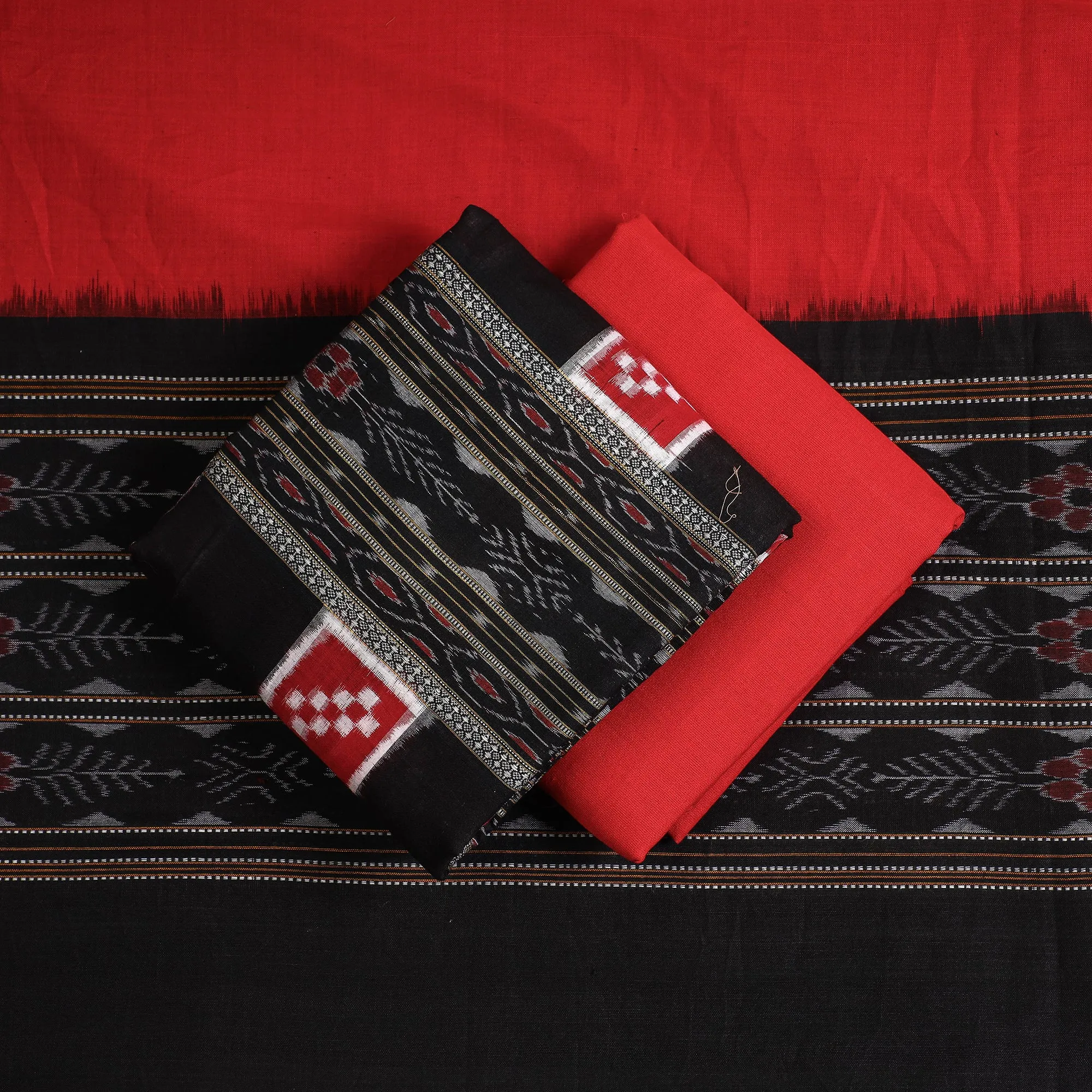 Black - 3pc Sambalpuri Ikat Weave Handloom Cotton Suit Material Set