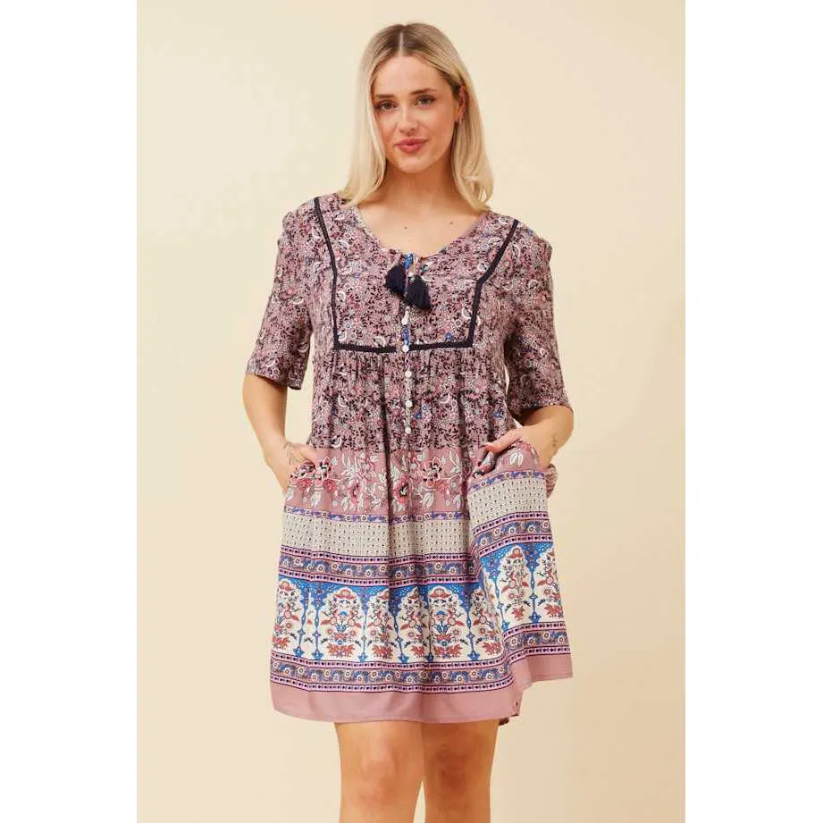 Boho Dress With Neck Ties - Rosewood