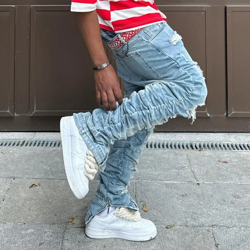 Casual retro personalized ripped zipper jeans