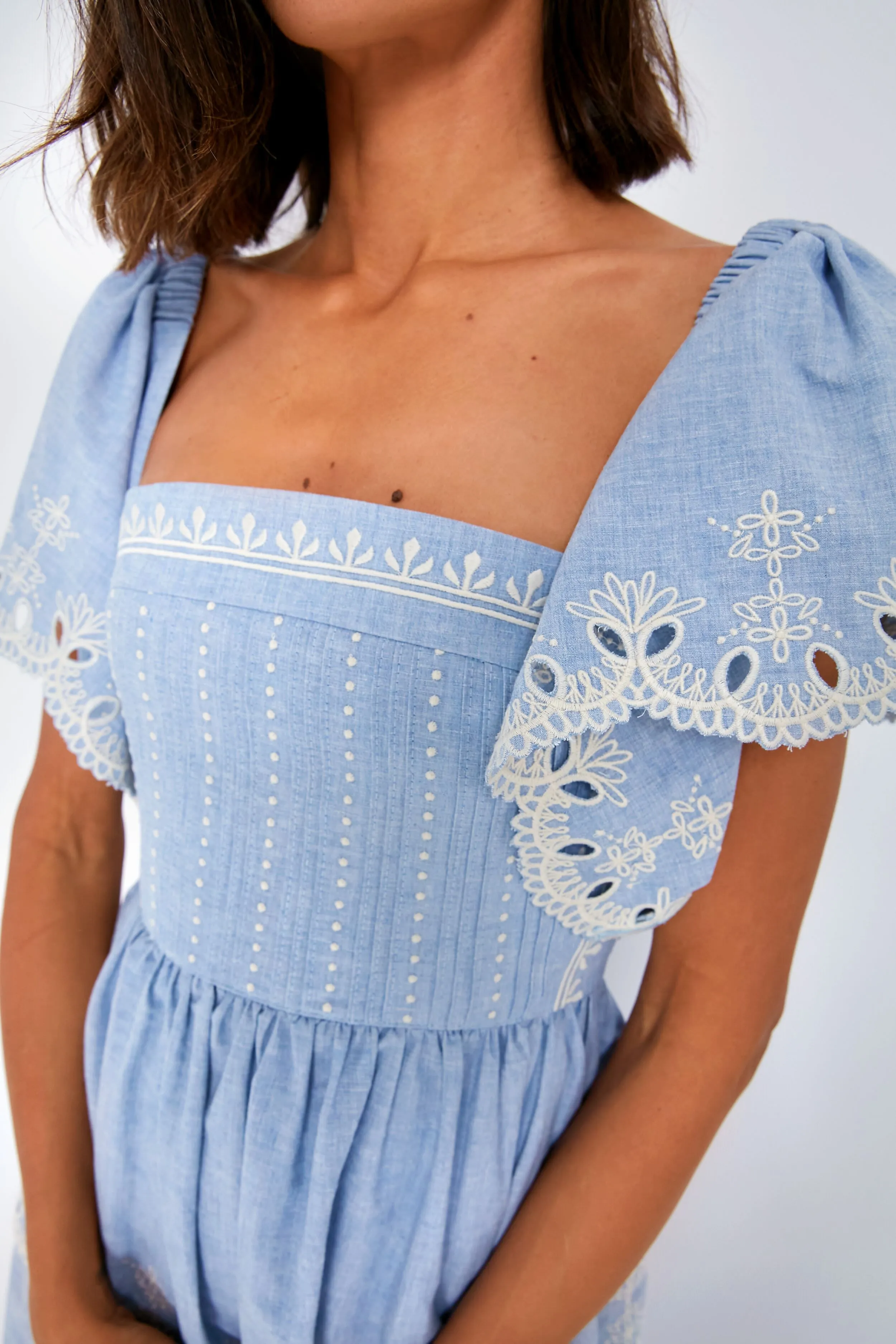 Chambray With Off-White Embroidery Ariia Dress