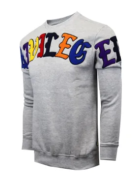 CHENILLE EMBROIDERY CREW NECK FLEECE SWEAT SHIRTS-F11055 (H.GREY)