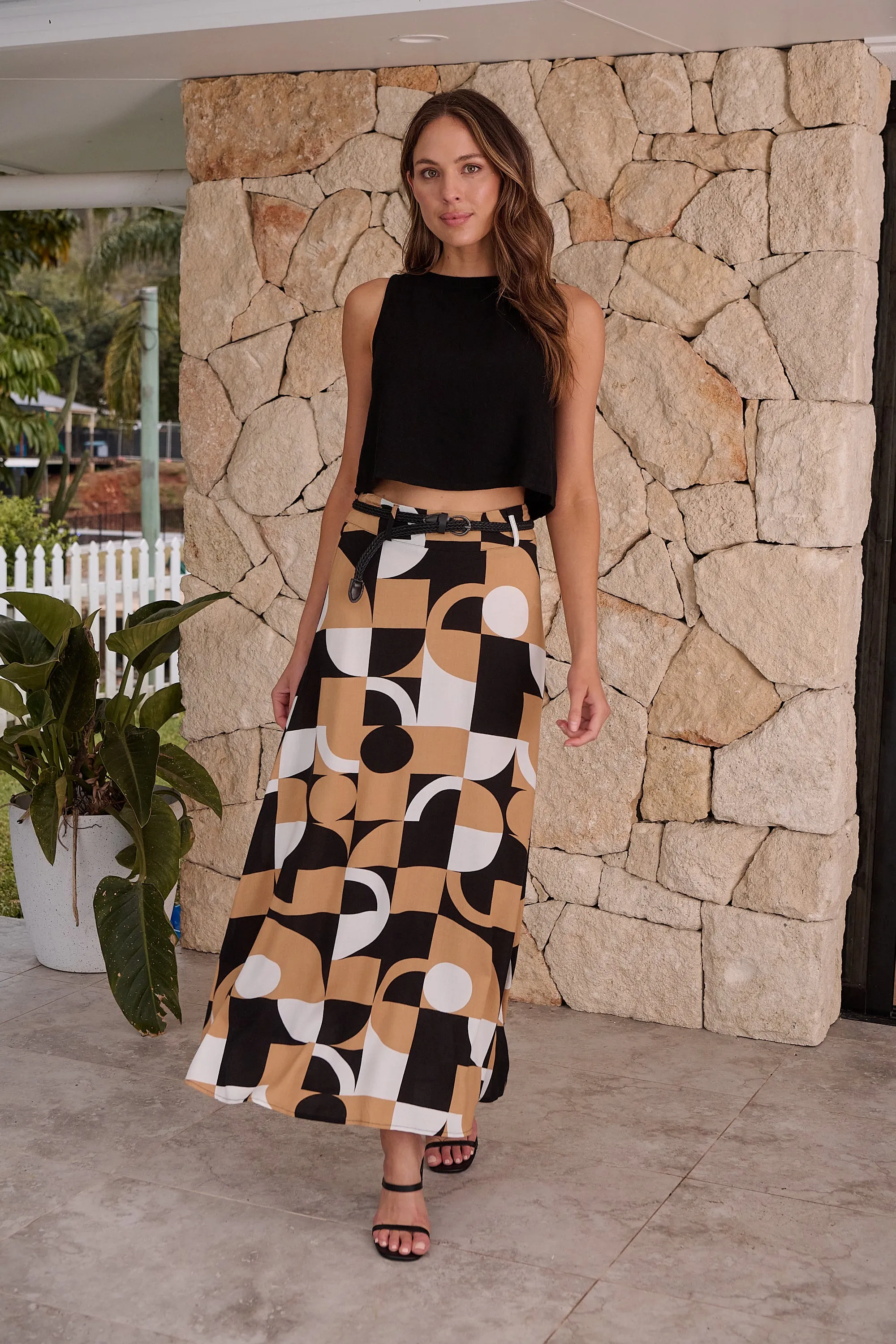 Esperence Beige/Black Geo Print Maxi Skirt
