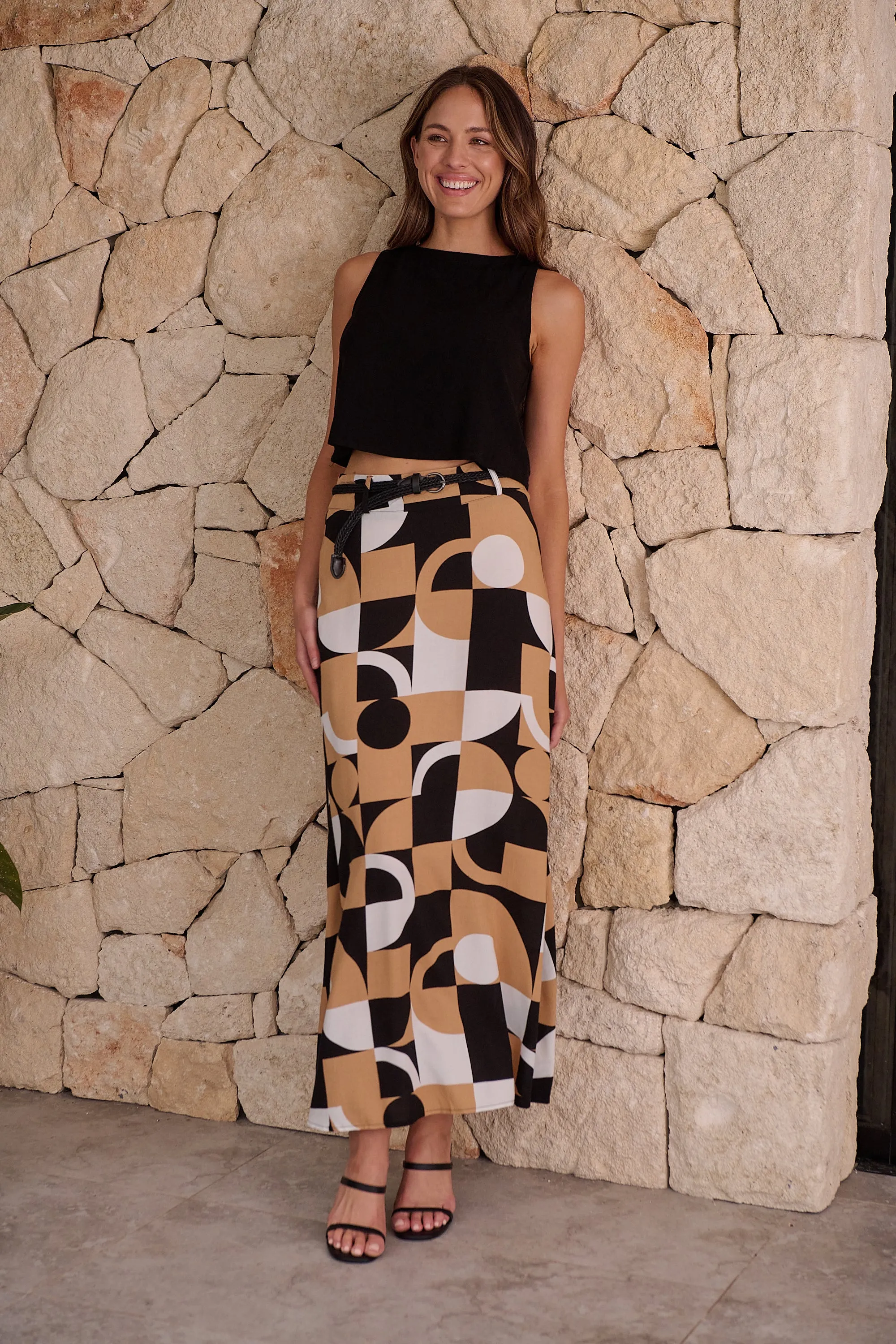 Esperence Beige/Black Geo Print Maxi Skirt