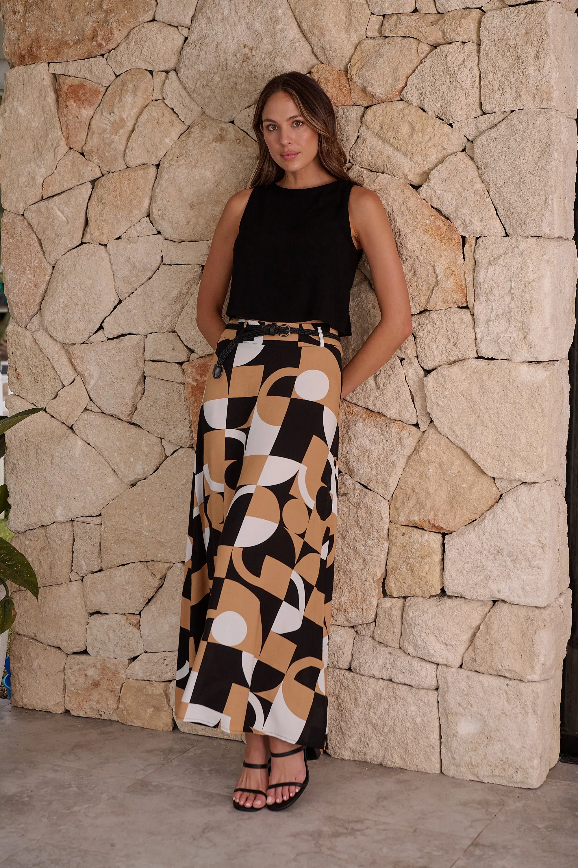 Esperence Beige/Black Geo Print Maxi Skirt