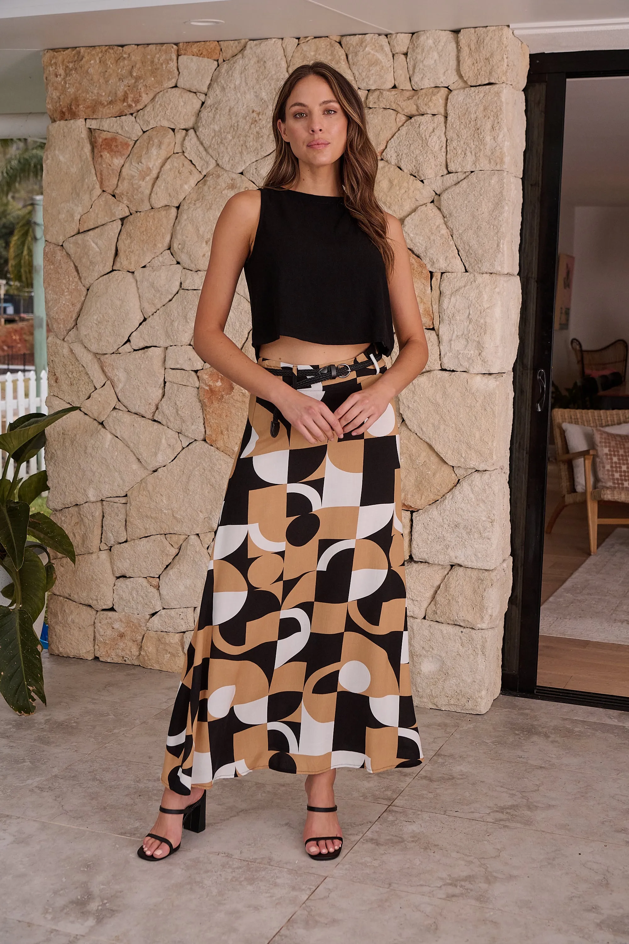 Esperence Beige/Black Geo Print Maxi Skirt