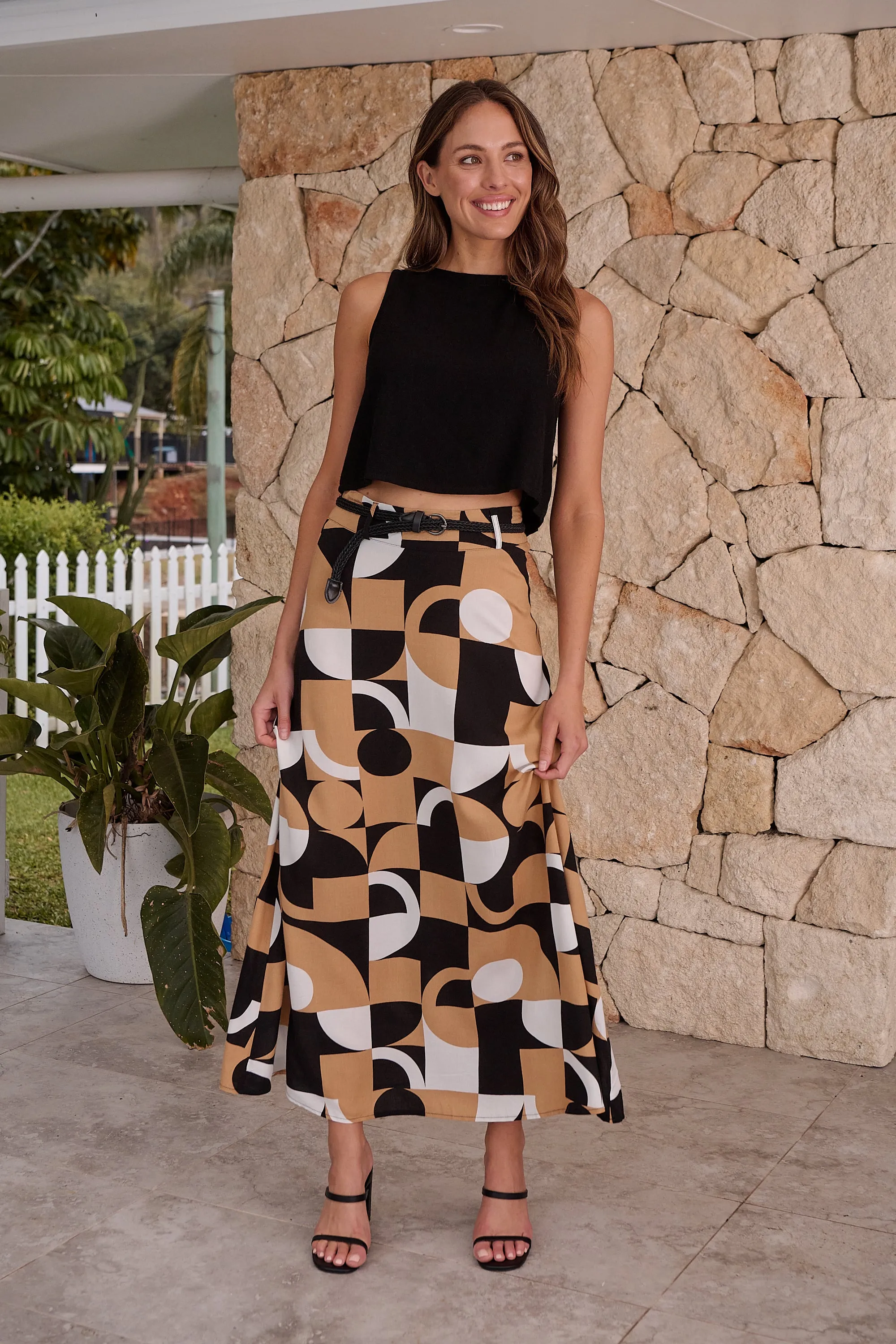 Esperence Beige/Black Geo Print Maxi Skirt
