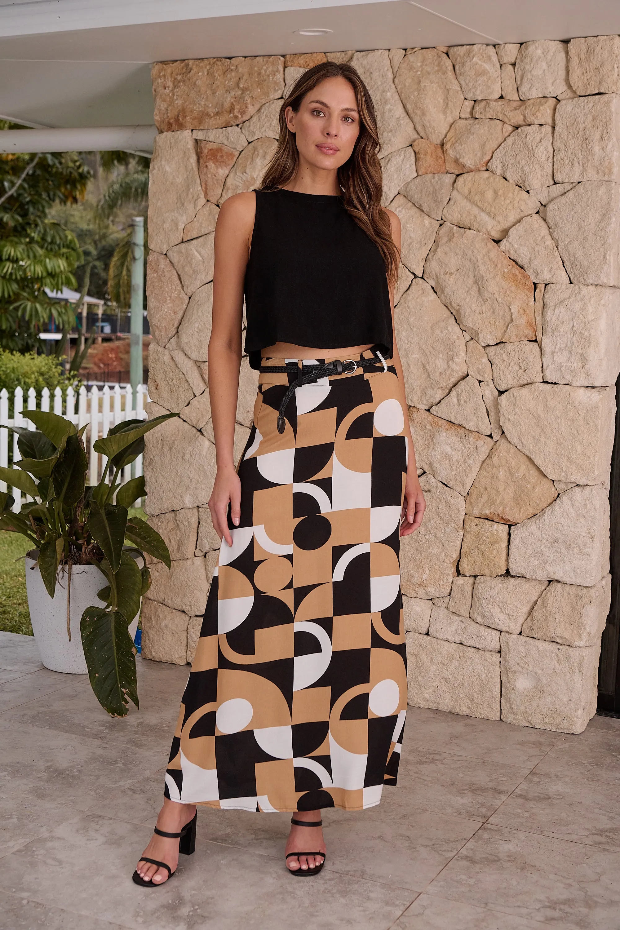 Esperence Beige/Black Geo Print Maxi Skirt