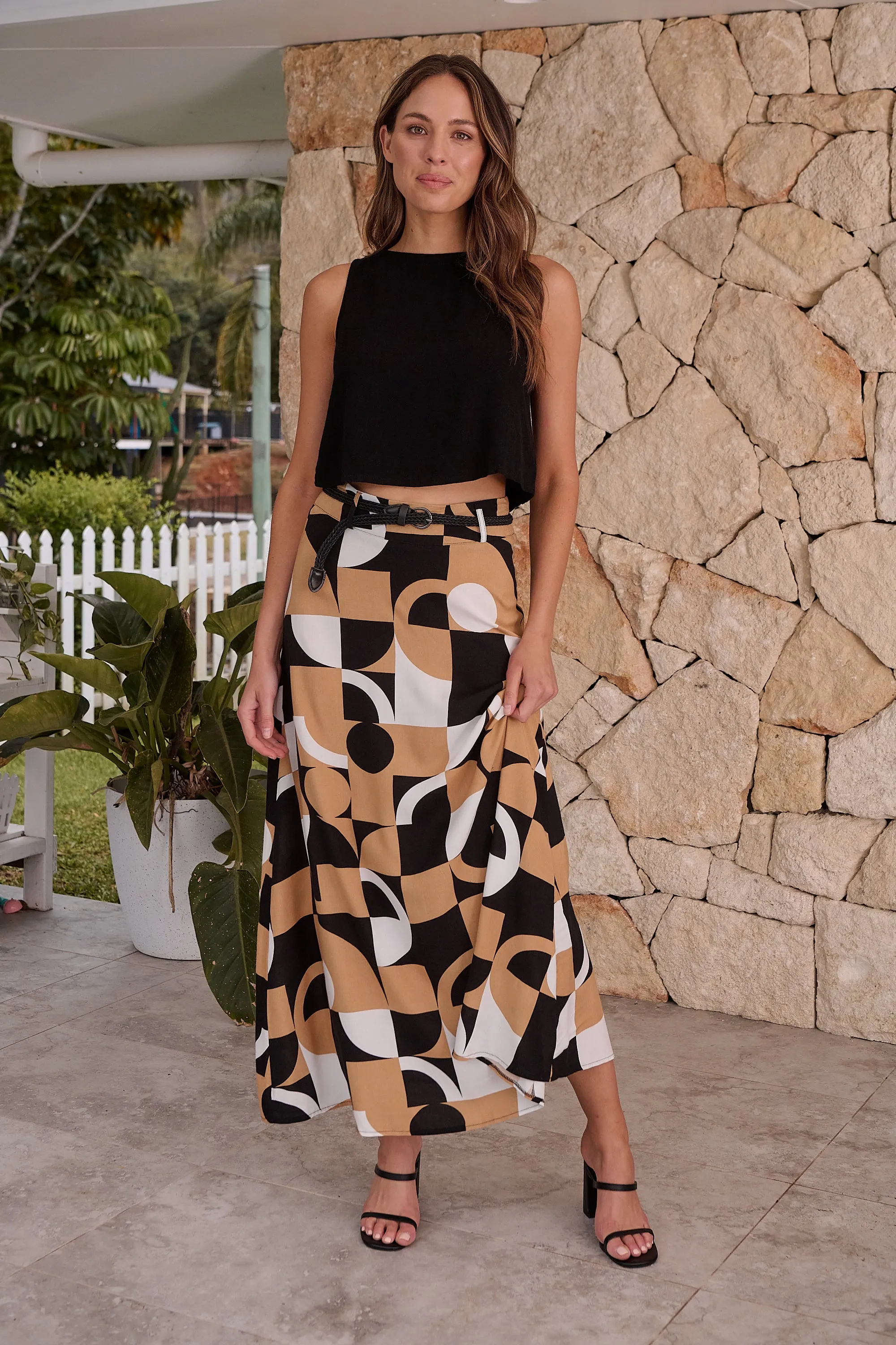 Esperence Beige/Black Geo Print Maxi Skirt