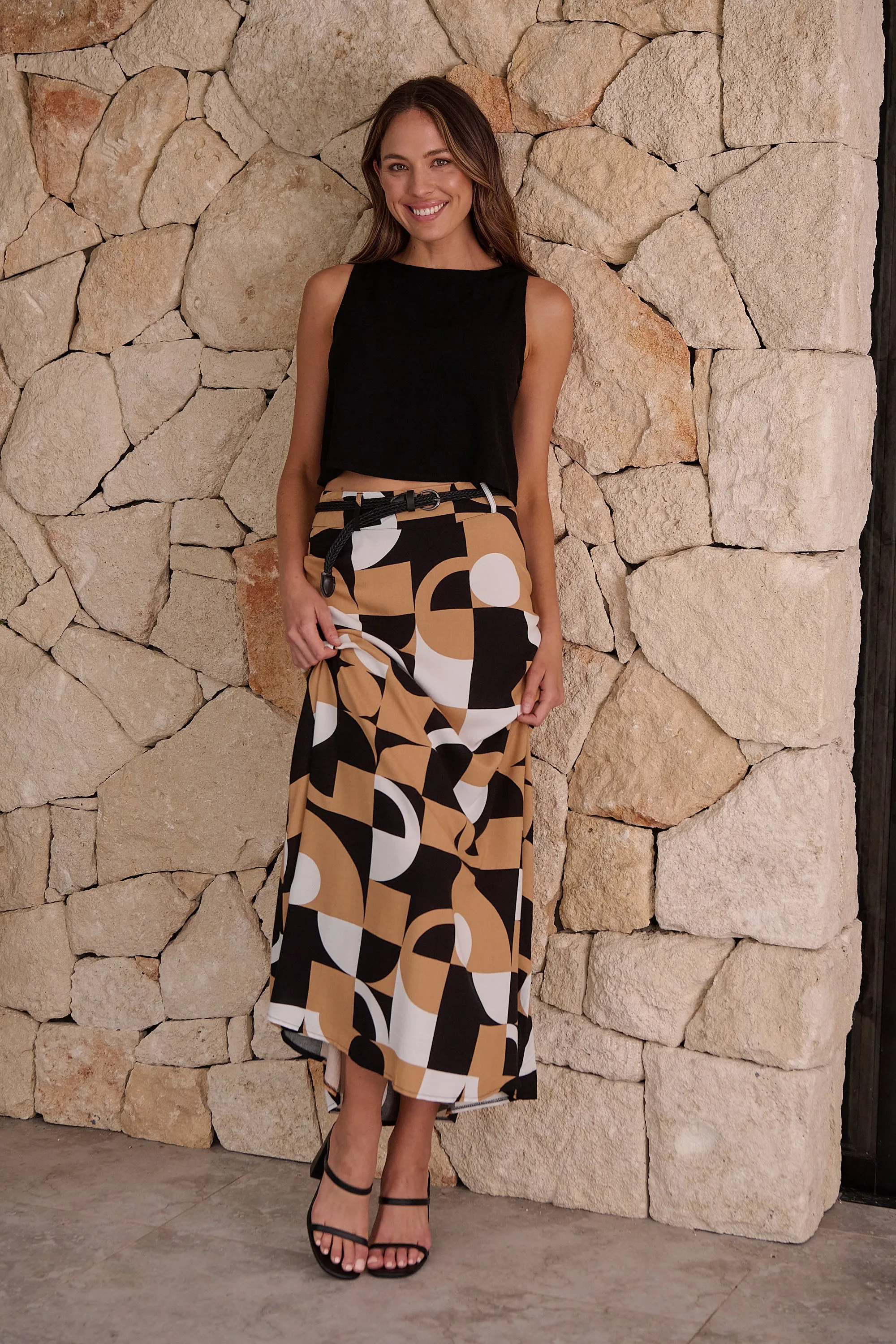 Esperence Beige/Black Geo Print Maxi Skirt