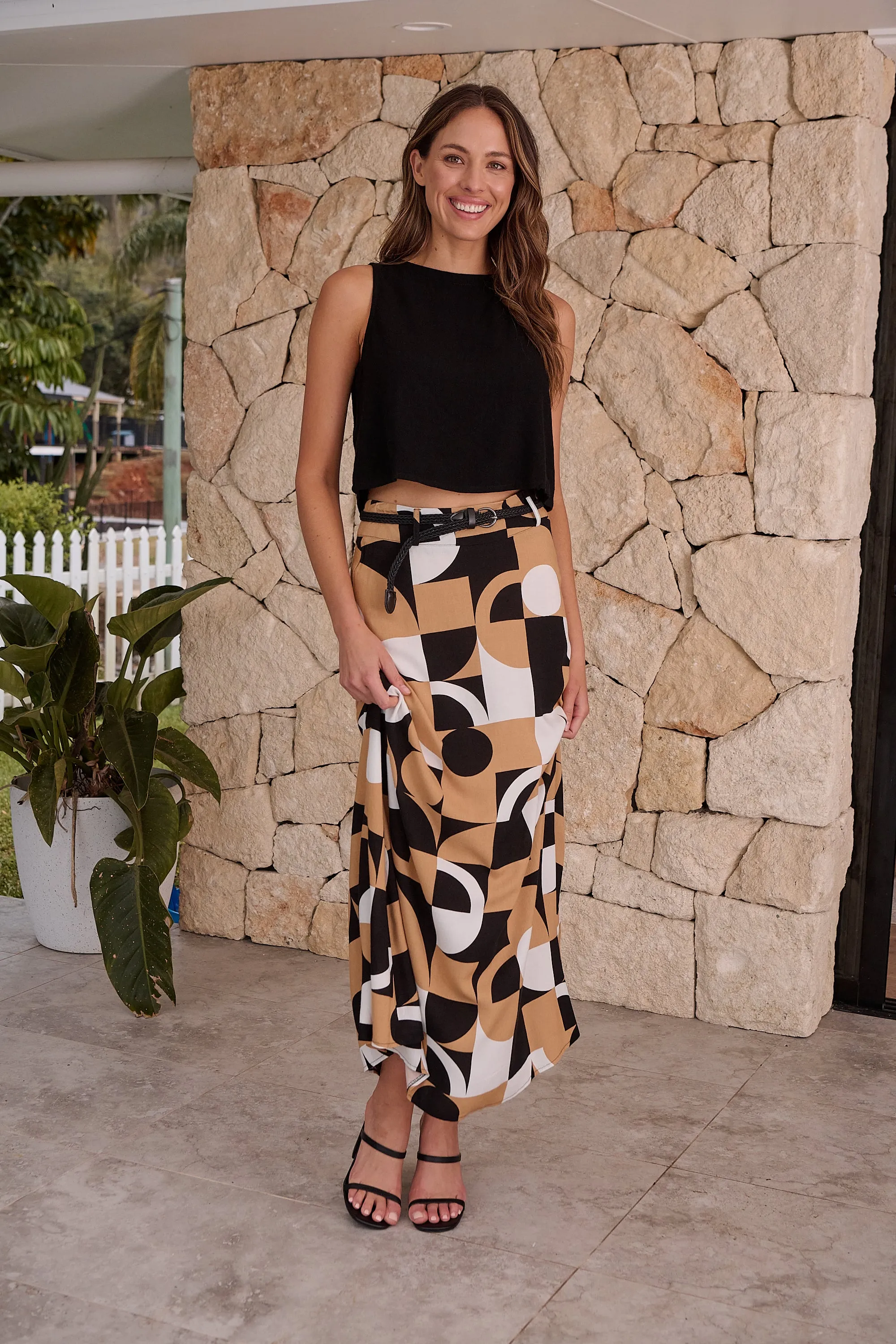 Esperence Beige/Black Geo Print Maxi Skirt