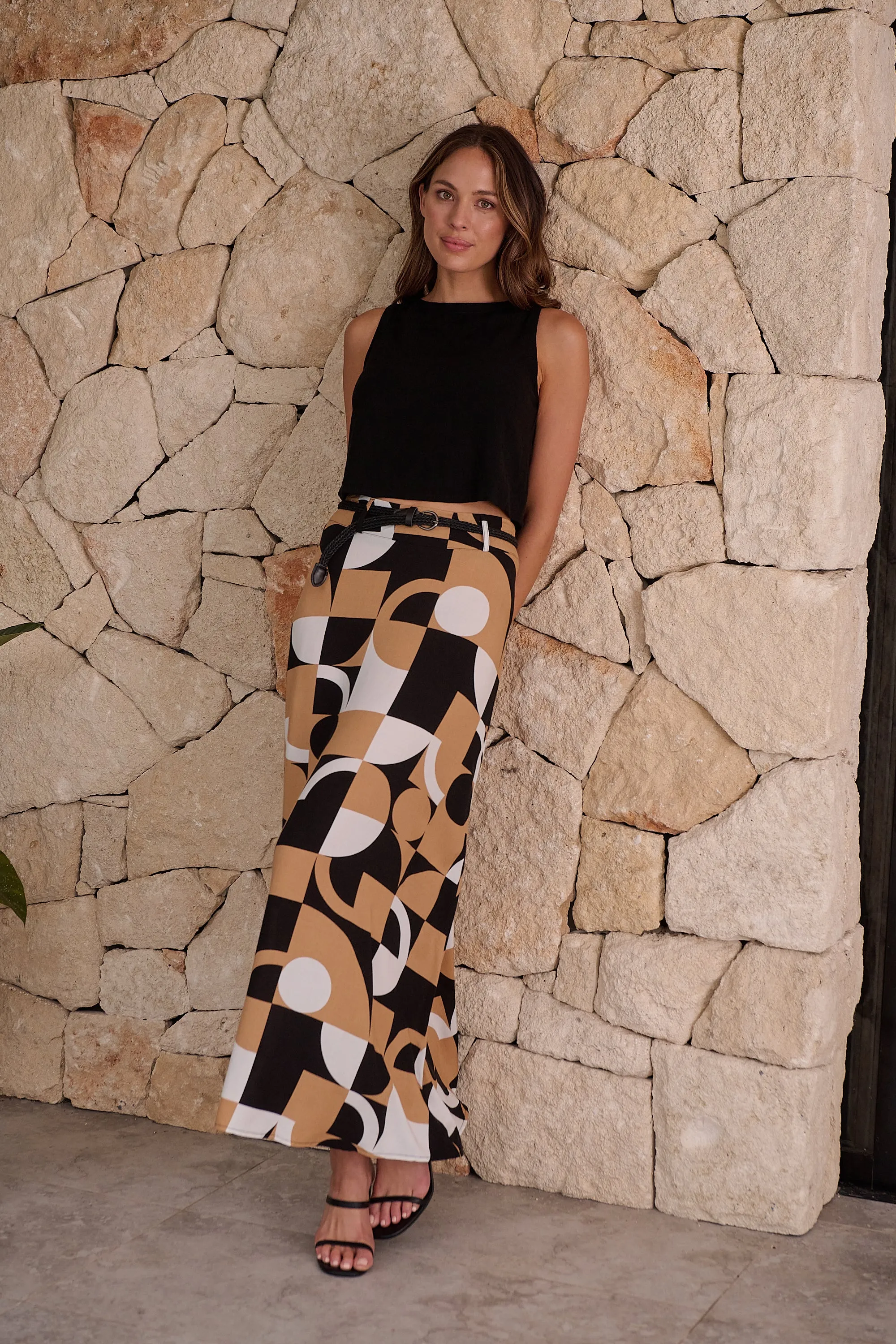 Esperence Beige/Black Geo Print Maxi Skirt