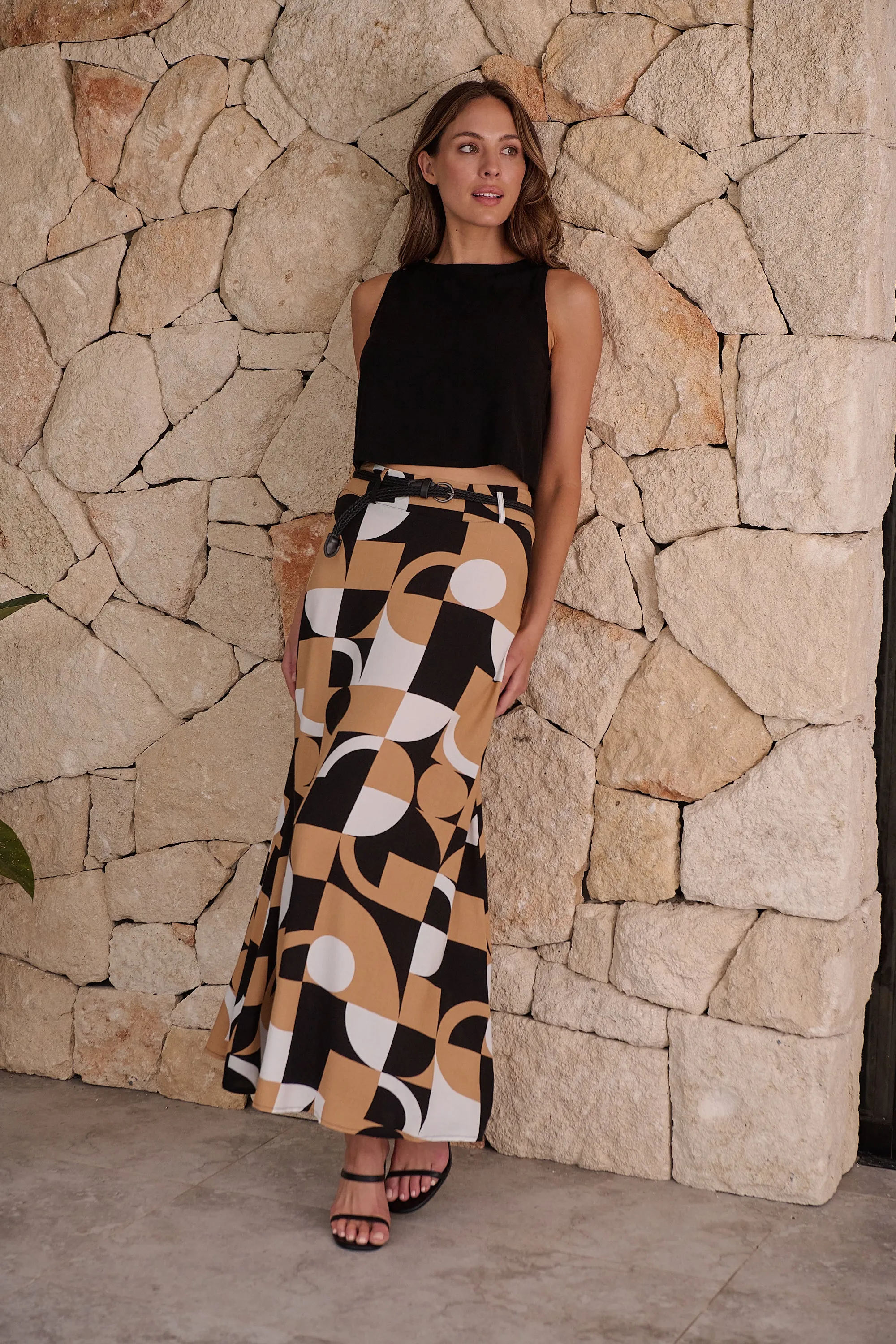 Esperence Beige/Black Geo Print Maxi Skirt