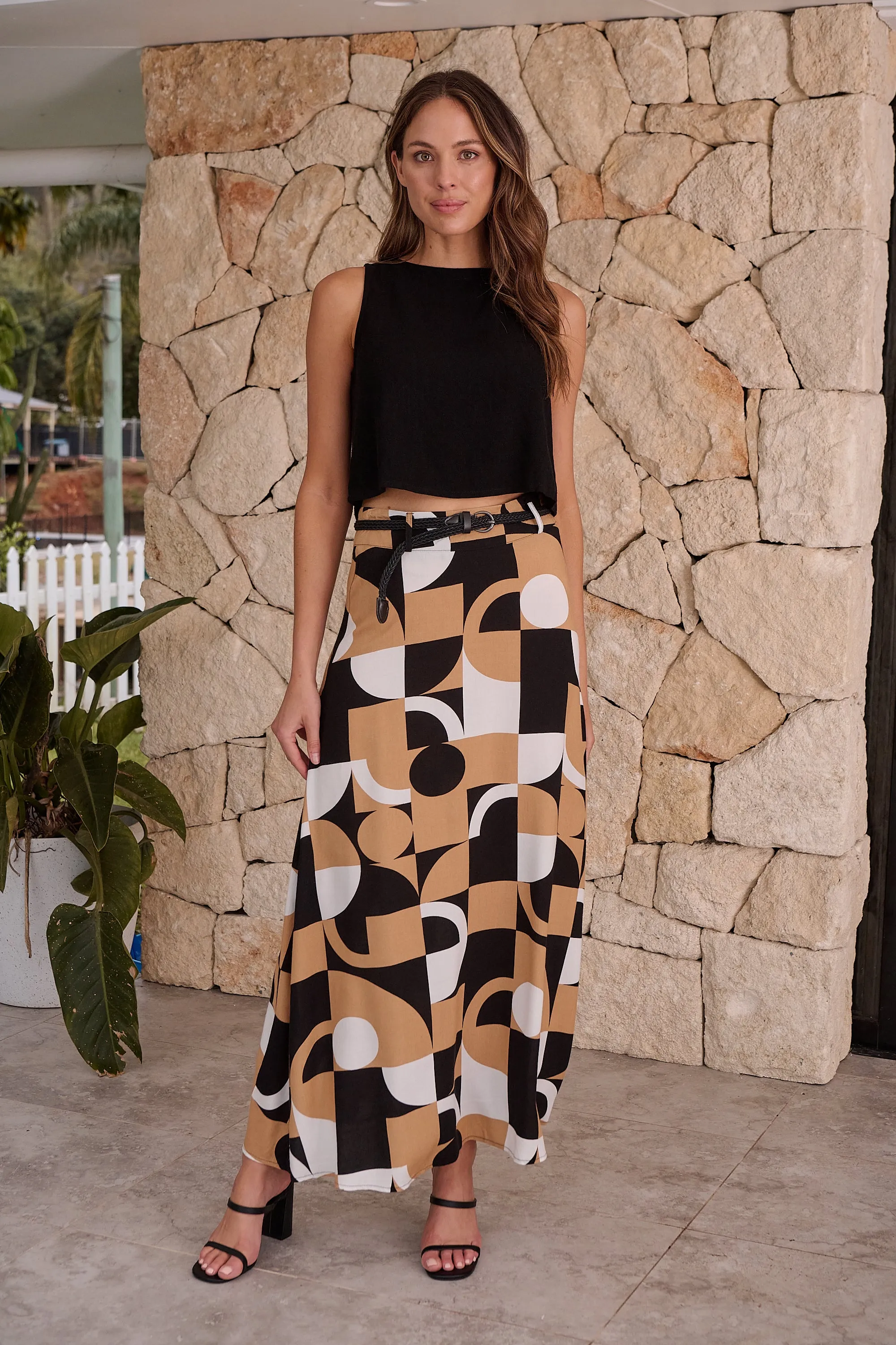 Esperence Beige/Black Geo Print Maxi Skirt