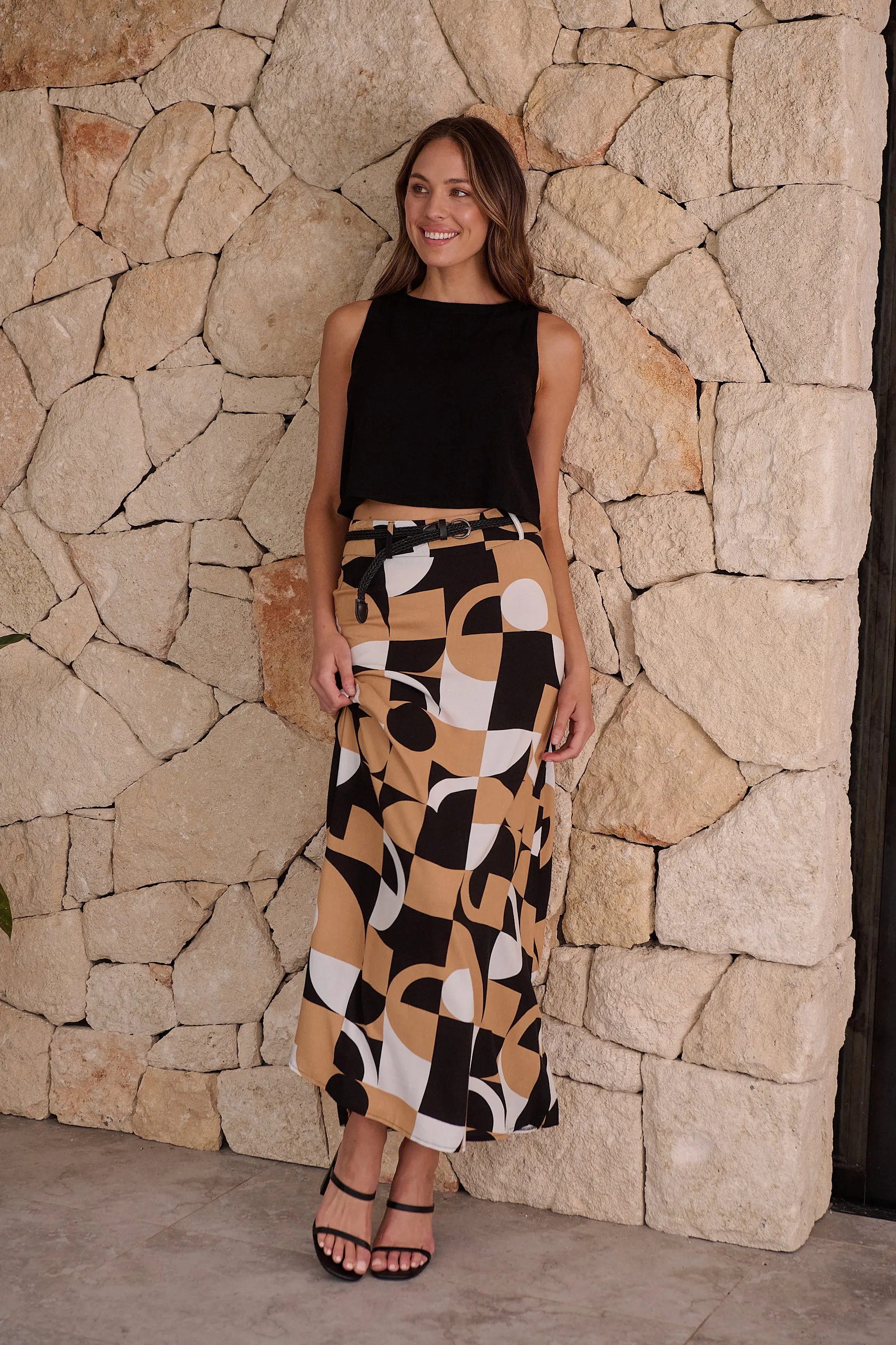 Esperence Beige/Black Geo Print Maxi Skirt