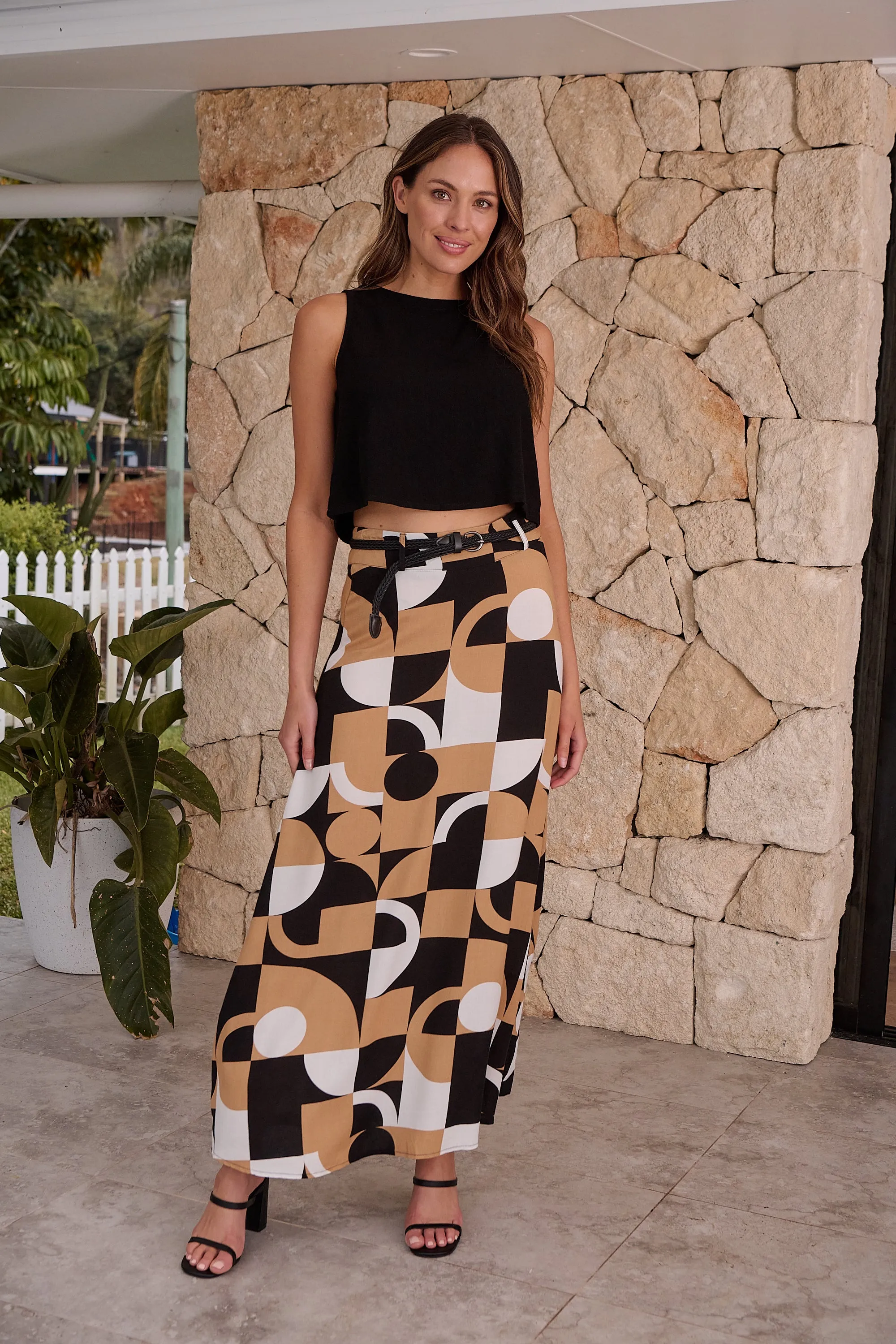 Esperence Beige/Black Geo Print Maxi Skirt