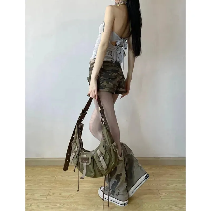 Girlary Vintage Women's Denim Shorts Hight Waisted Pockets Camouflage Y2k Casual Jeans Cargo Pants Gothic Green Short Jeans 2024 Summer