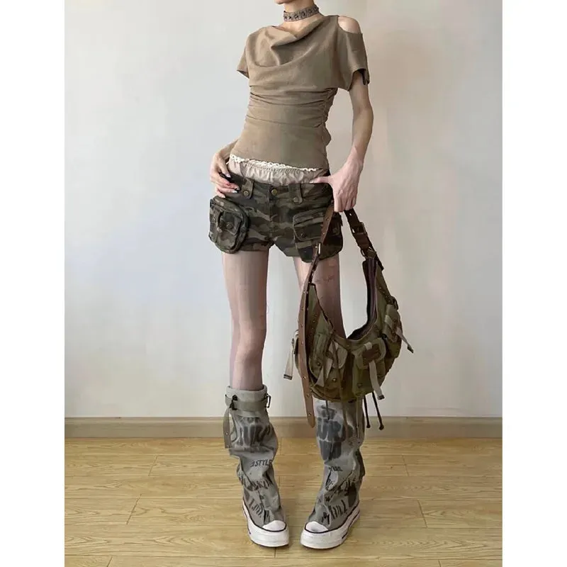 Girlary Vintage Women's Denim Shorts Hight Waisted Pockets Camouflage Y2k Casual Jeans Cargo Pants Gothic Green Short Jeans 2024 Summer