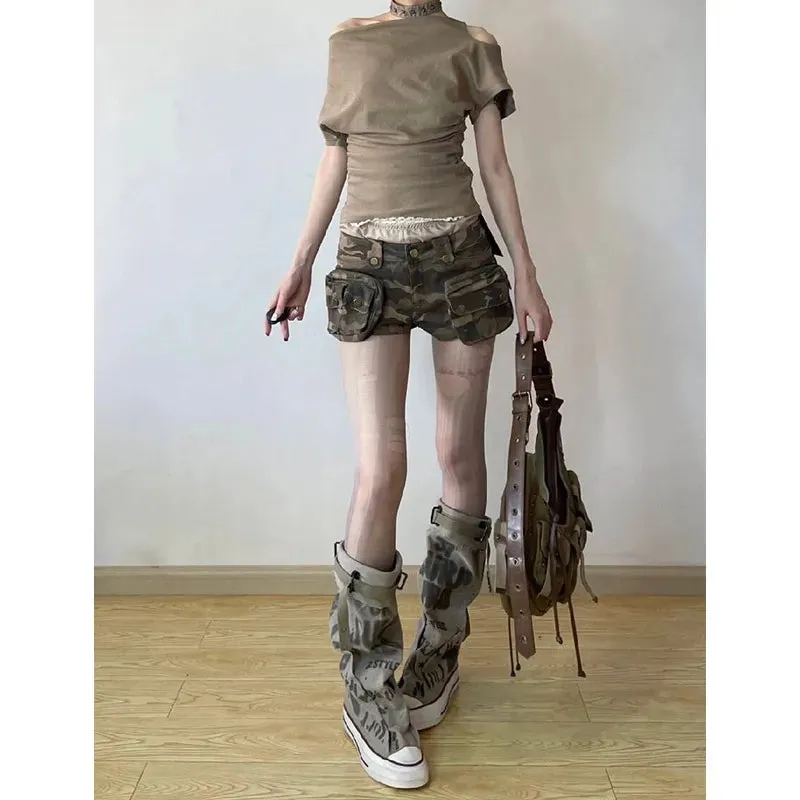 Girlary Vintage Women's Denim Shorts Hight Waisted Pockets Camouflage Y2k Casual Jeans Cargo Pants Gothic Green Short Jeans 2024 Summer