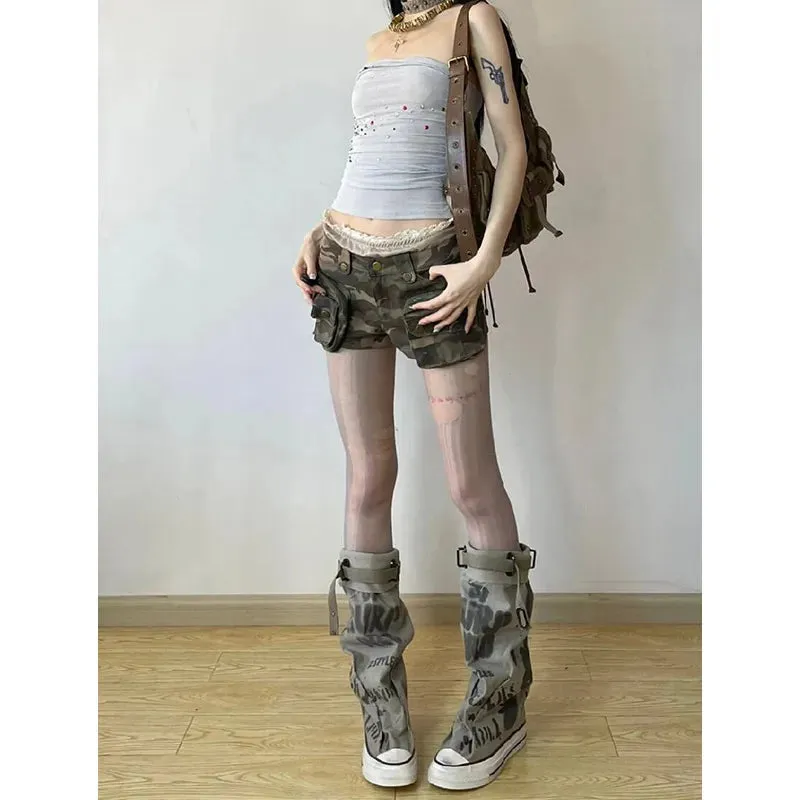 Girlary Vintage Women's Denim Shorts Hight Waisted Pockets Camouflage Y2k Casual Jeans Cargo Pants Gothic Green Short Jeans 2024 Summer