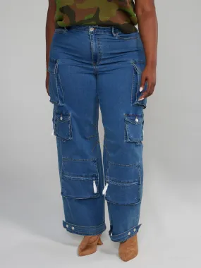 High Rise Straight Leg Denim Cargo Jeans - Tall Inseam