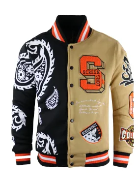 J11356 PAISLEY HALF AND HALF FLEECE VARSITY JACKET