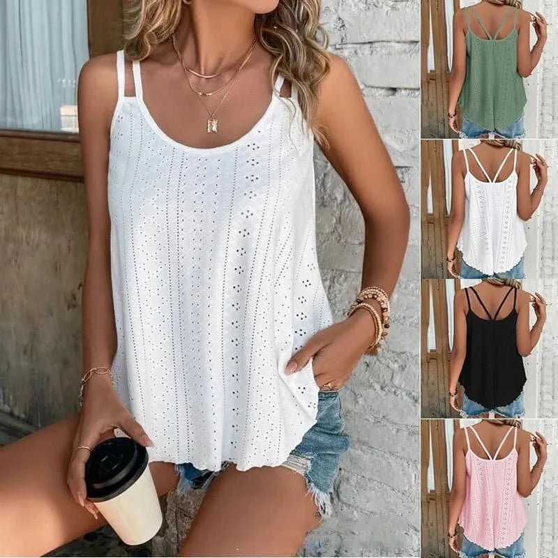 Loose Casual Camisole, Stylish Tank Top with Hollow Out Decoration, Regular Length, Slight Stretch
