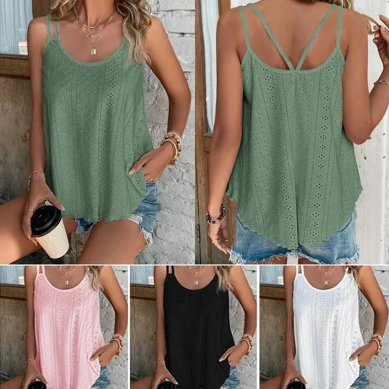 Loose Casual Camisole, Stylish Tank Top with Hollow Out Decoration, Regular Length, Slight Stretch
