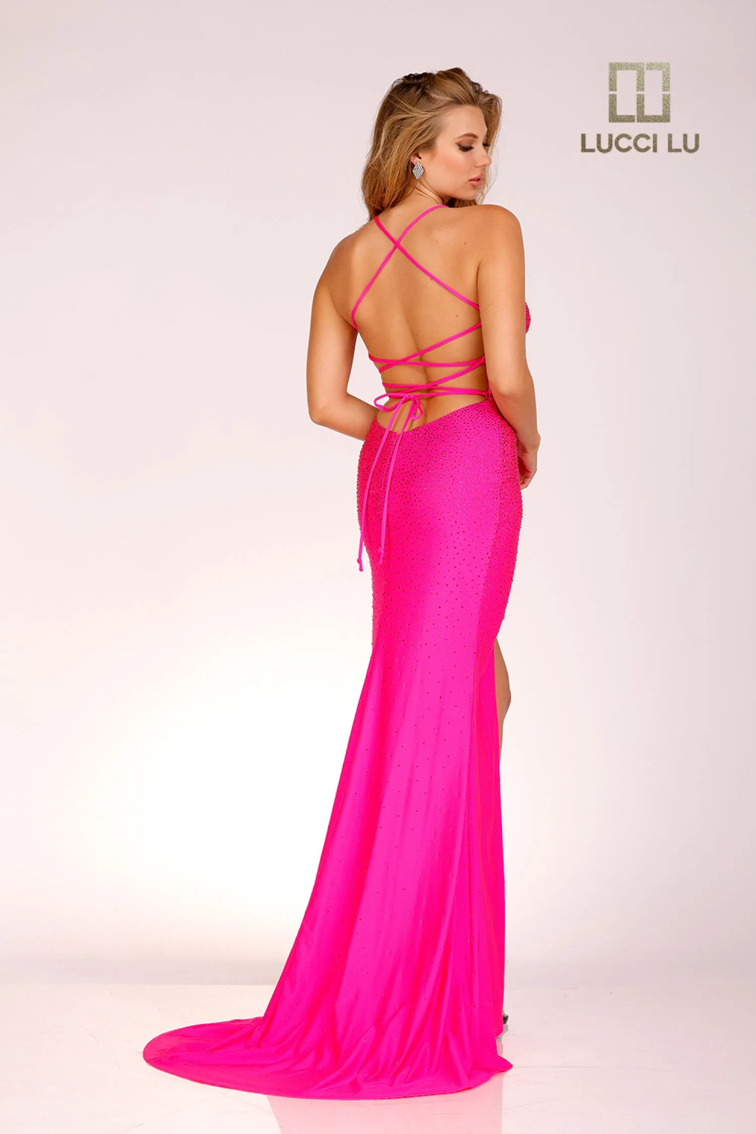 Lucci Lu 1266 Glittering V-Neck Dress with High Skit - Sunflower Yellow or Neon Pink
