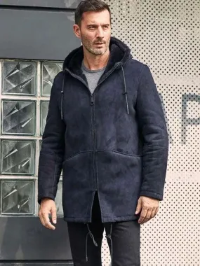 Men's Leather Jacket Long Winter Outwear Warm Wool Overcoat Hooded Sheepskin Parkas