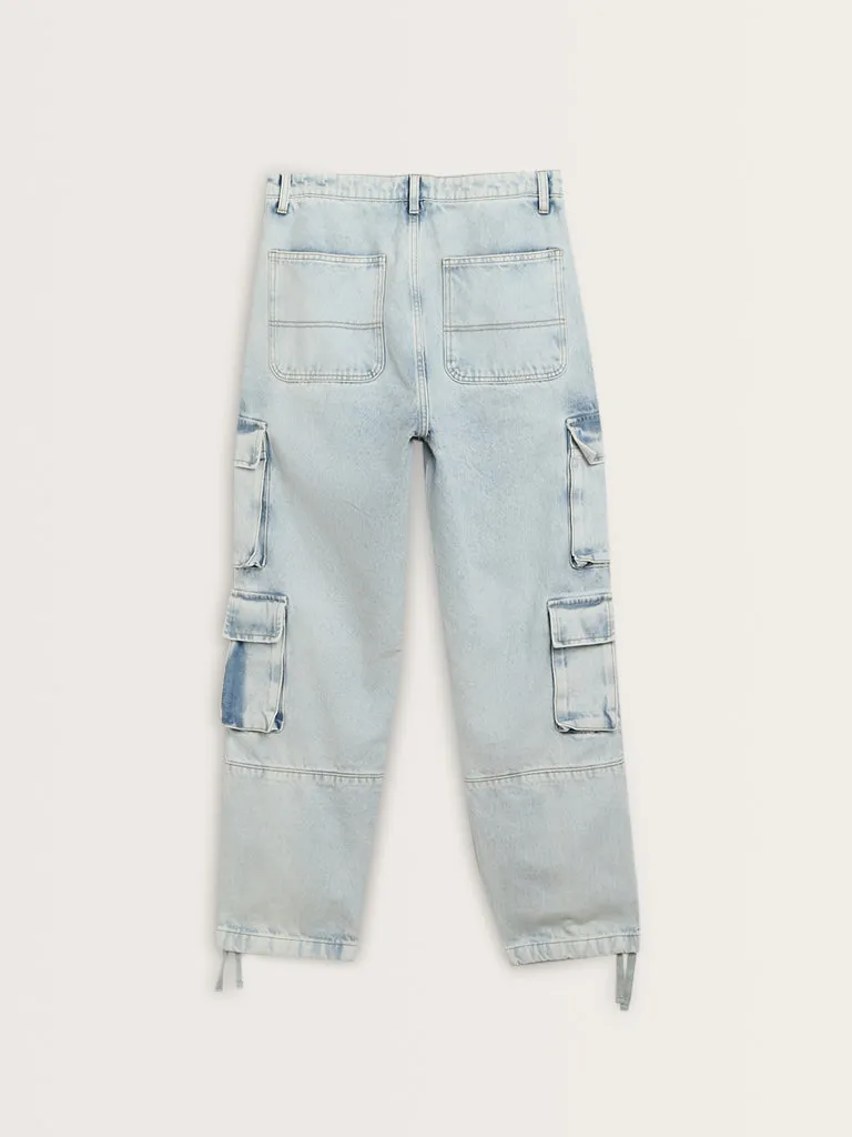 Nuon Light Blue Cargo-Style Mid-Rise Relaxed-Fit Jeans