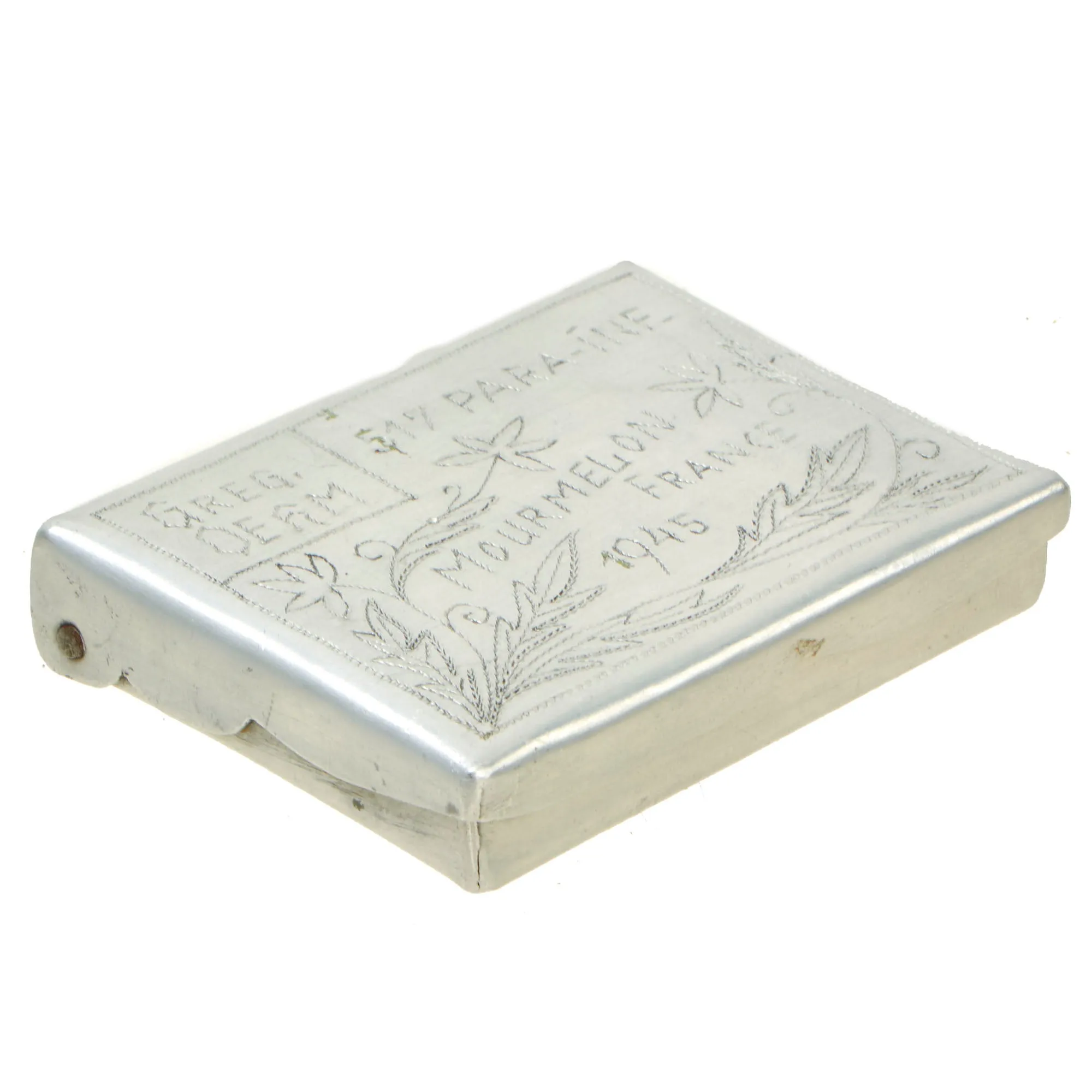 Original U.S. WWII German POW Made Cigarette Case For Ssgt Gregory Oehm of the 517th Parachute Infantry Regiment, 17th Airborne With Jump Wings and Interview Printout - Cigarette Case Constructed From P-51 Mustang Parts
