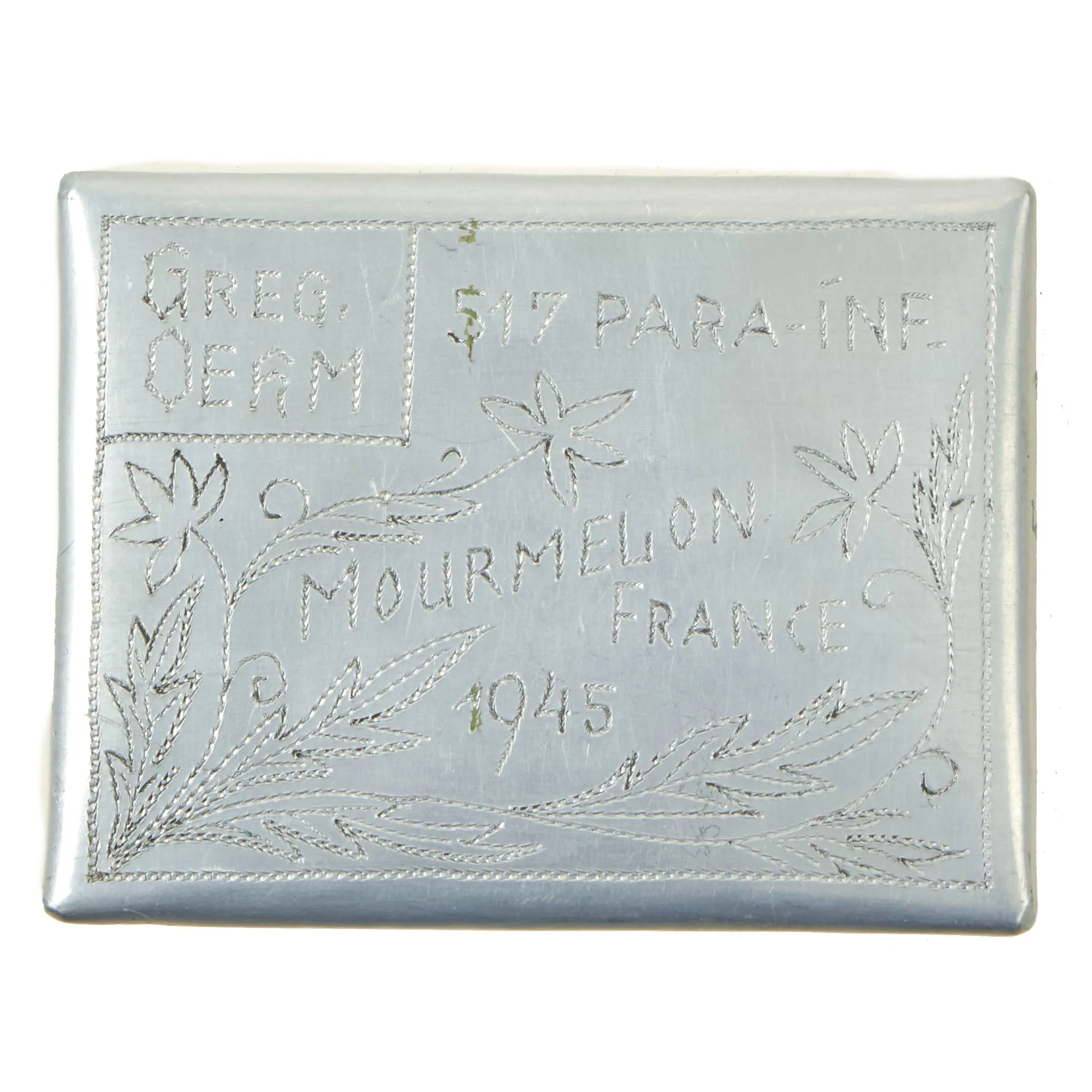 Original U.S. WWII German POW Made Cigarette Case For Ssgt Gregory Oehm of the 517th Parachute Infantry Regiment, 17th Airborne With Jump Wings and Interview Printout - Cigarette Case Constructed From P-51 Mustang Parts