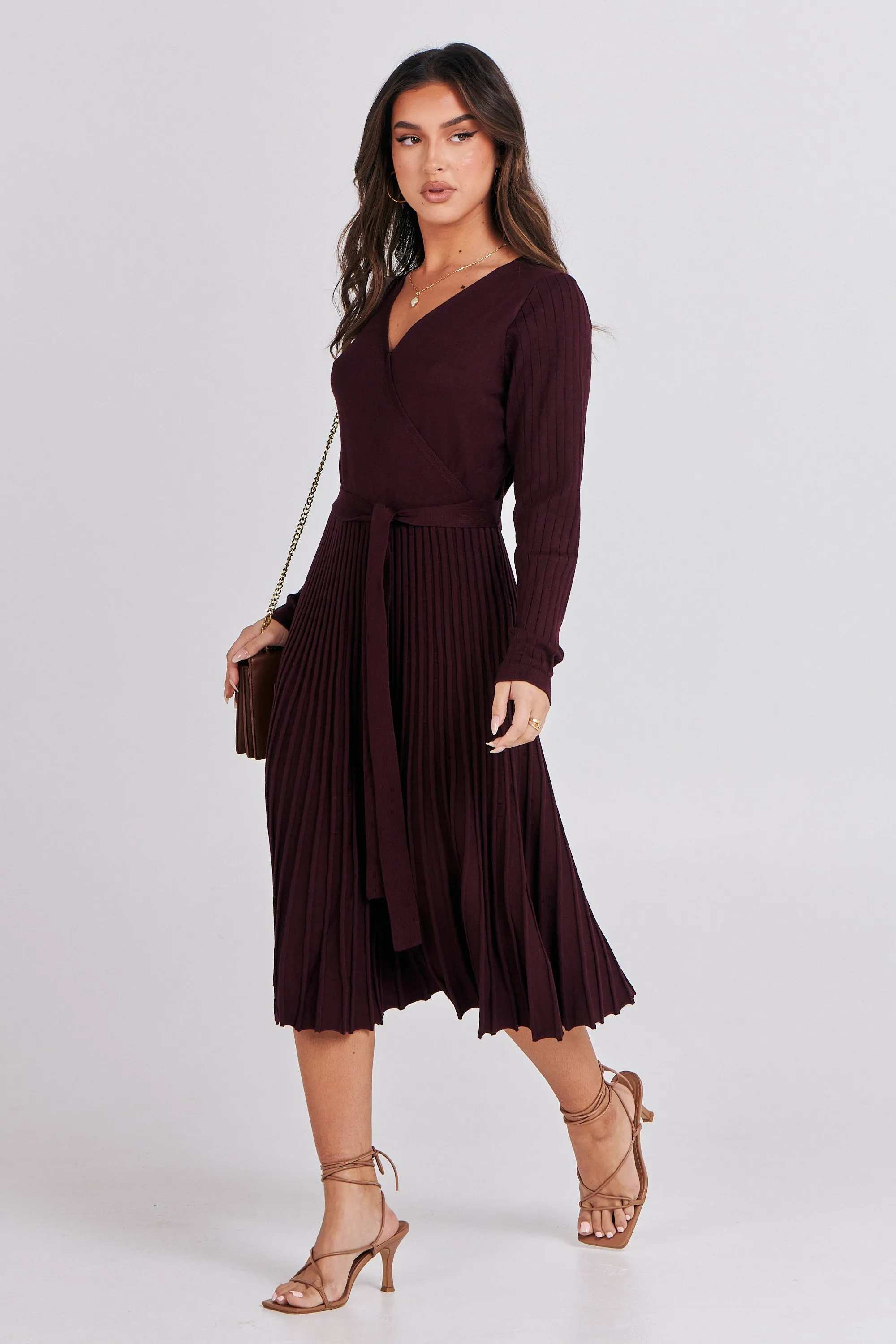Parker Burgundy Long Sleeve Pleated Knit Midi Dress