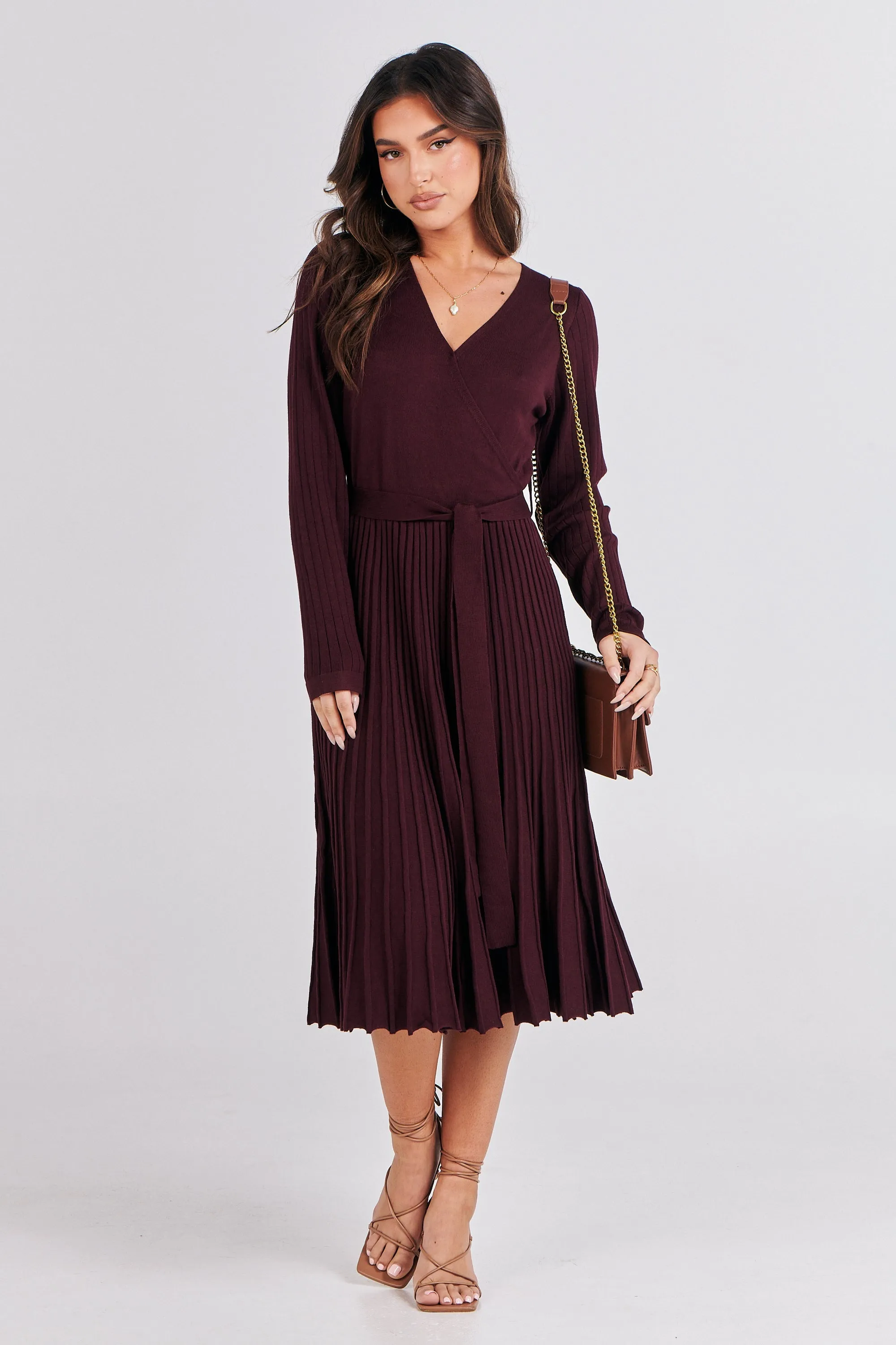 Parker Burgundy Long Sleeve Pleated Knit Midi Dress