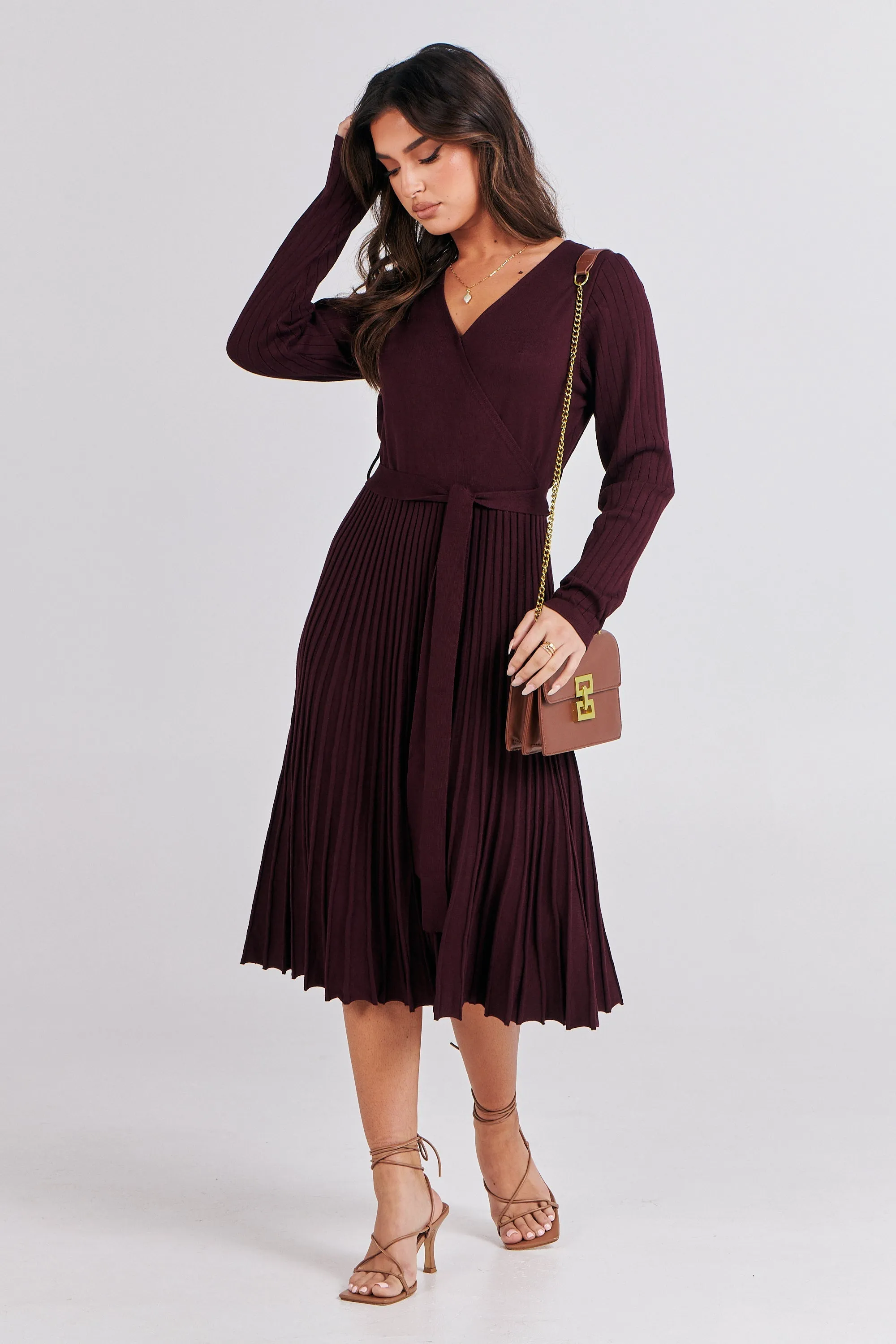 Parker Burgundy Long Sleeve Pleated Knit Midi Dress