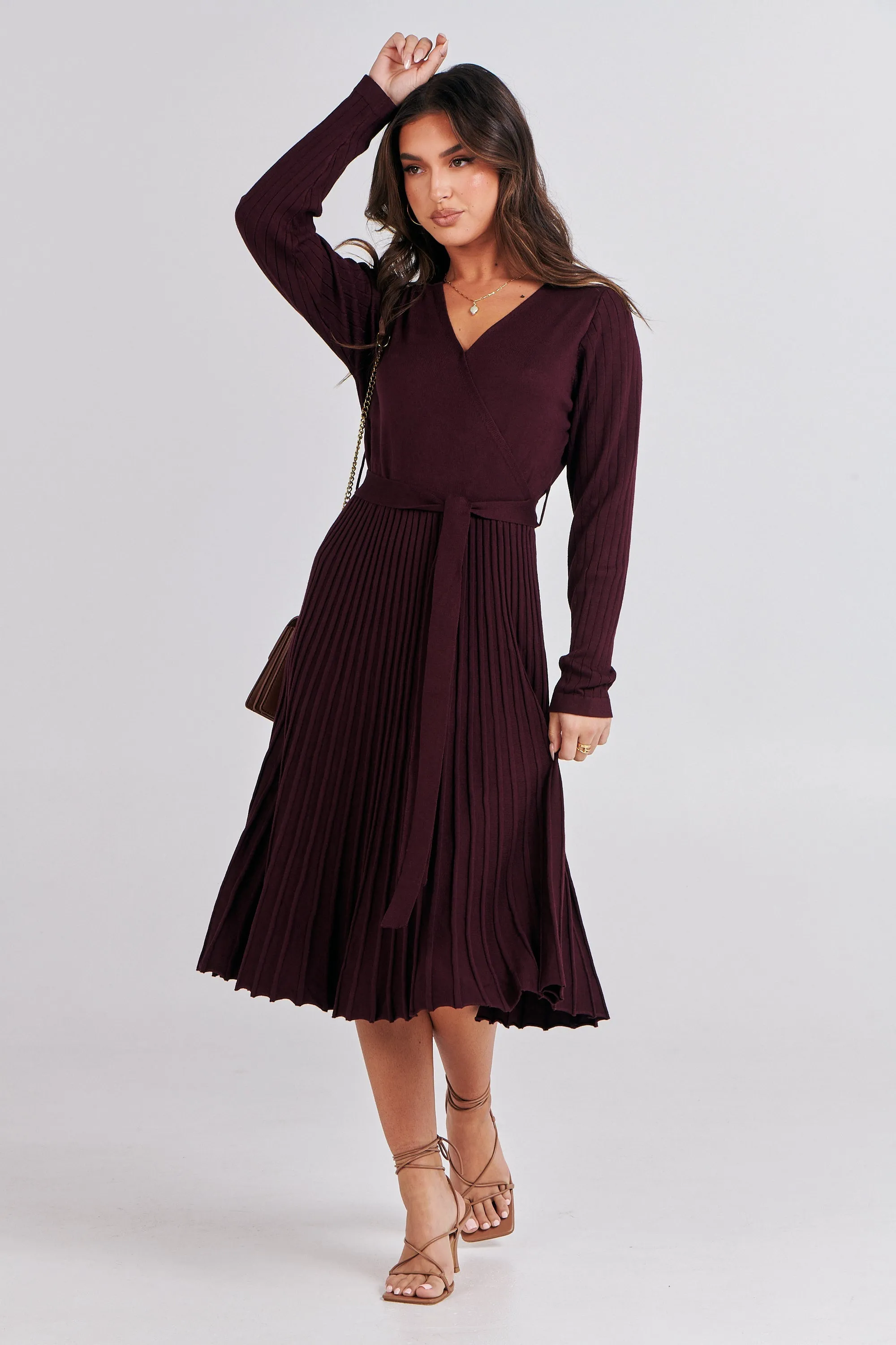Parker Burgundy Long Sleeve Pleated Knit Midi Dress