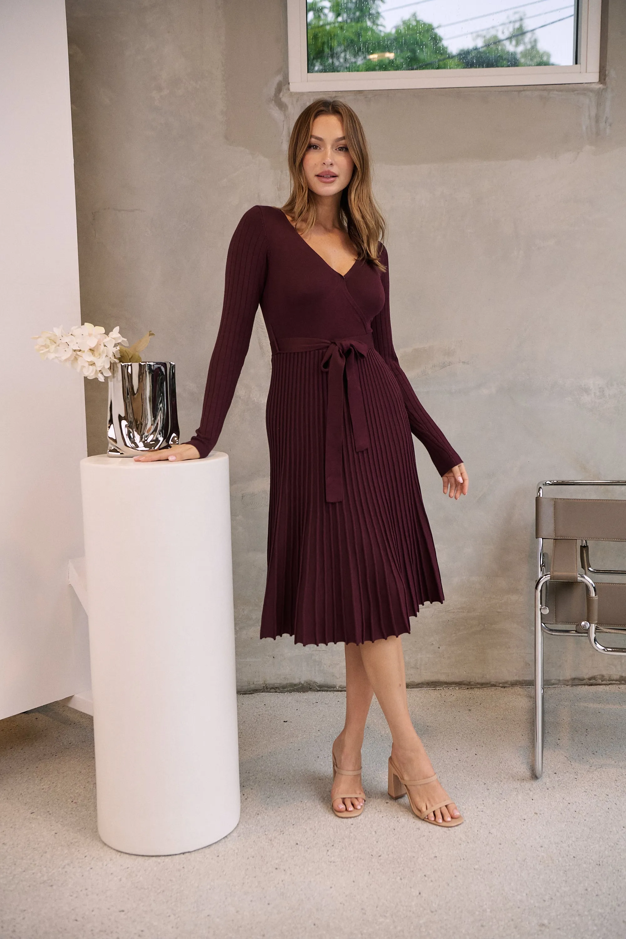 Parker Burgundy Long Sleeve Pleated Knit Midi Dress