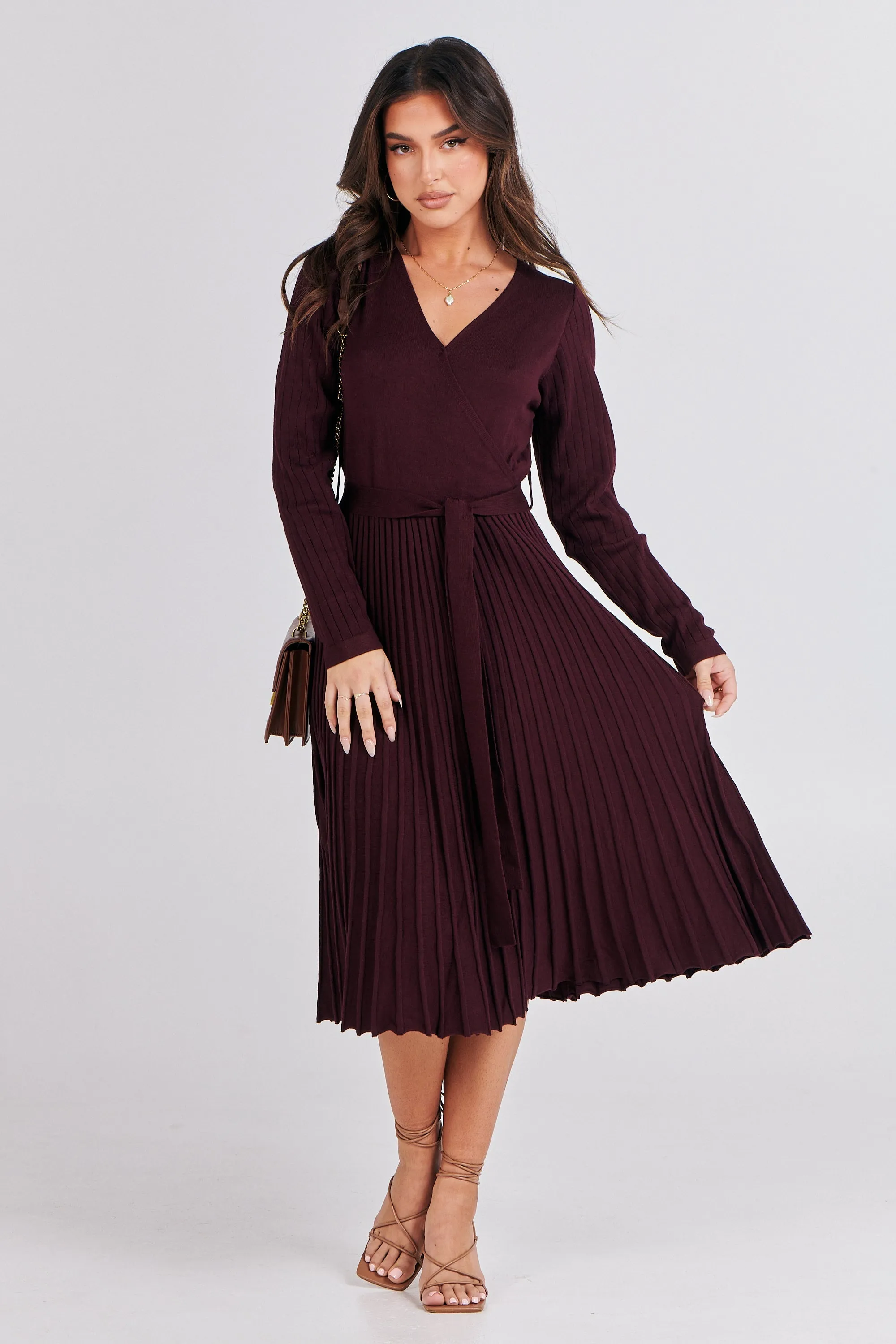 Parker Burgundy Long Sleeve Pleated Knit Midi Dress
