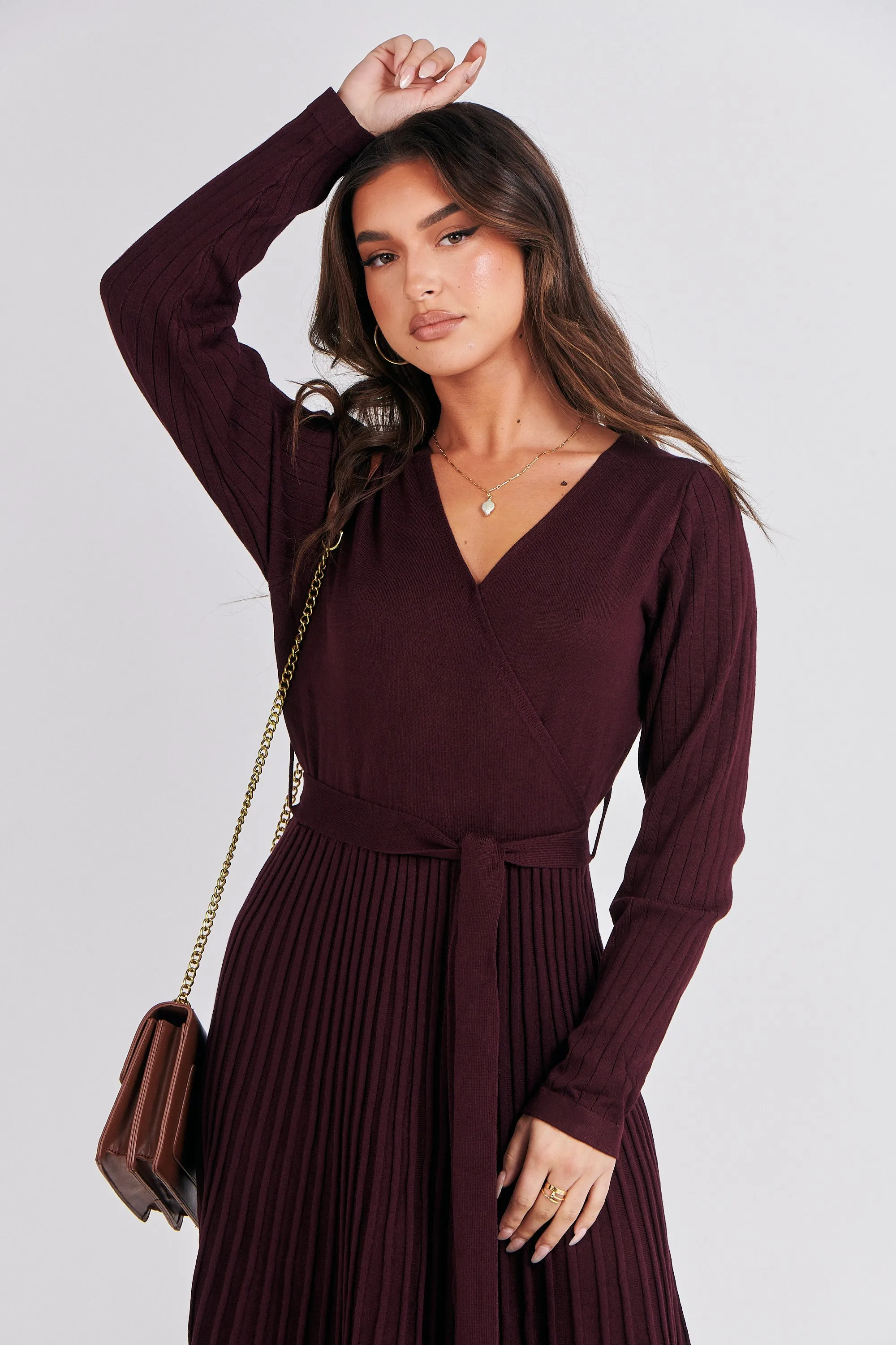 Parker Burgundy Long Sleeve Pleated Knit Midi Dress