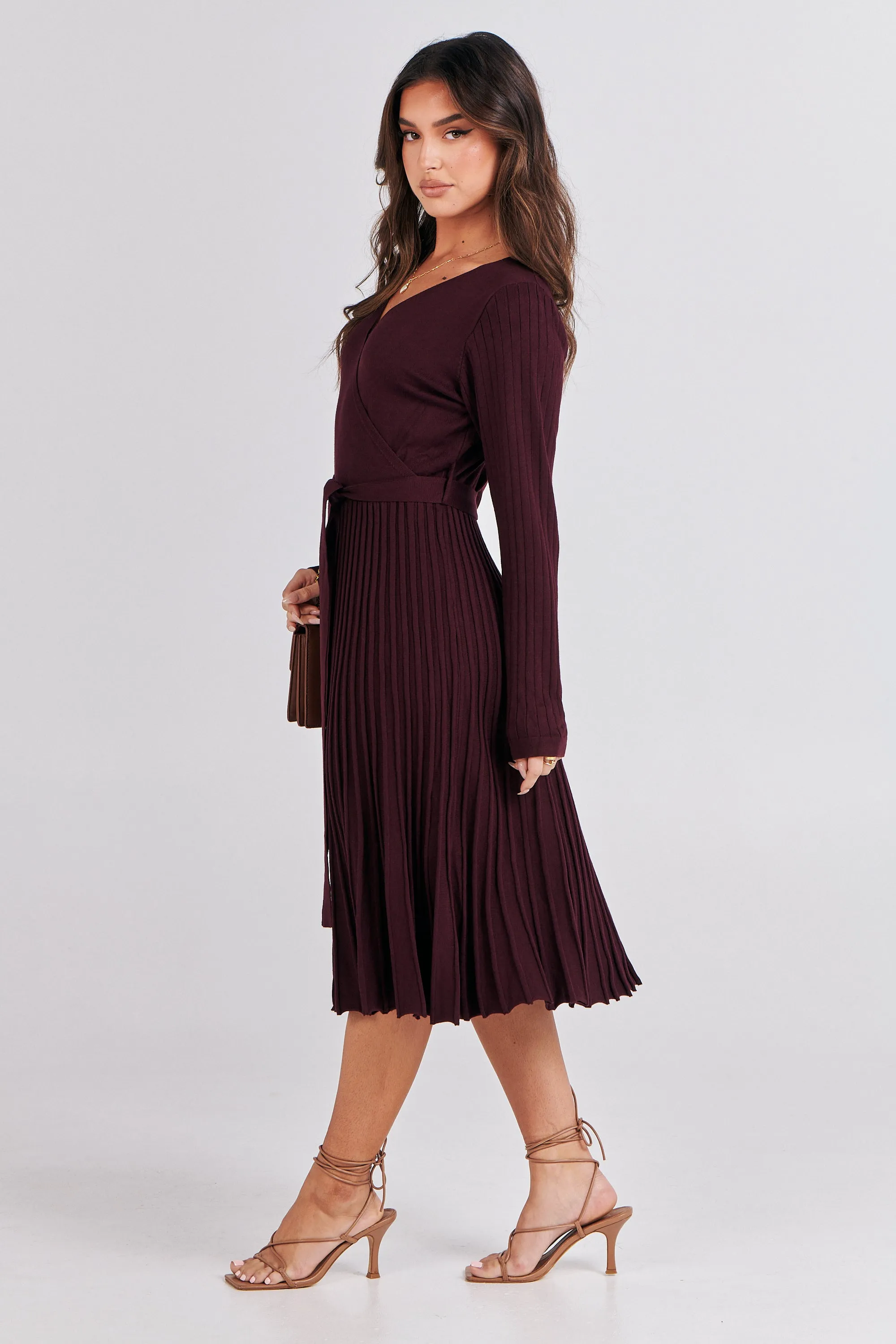 Parker Burgundy Long Sleeve Pleated Knit Midi Dress