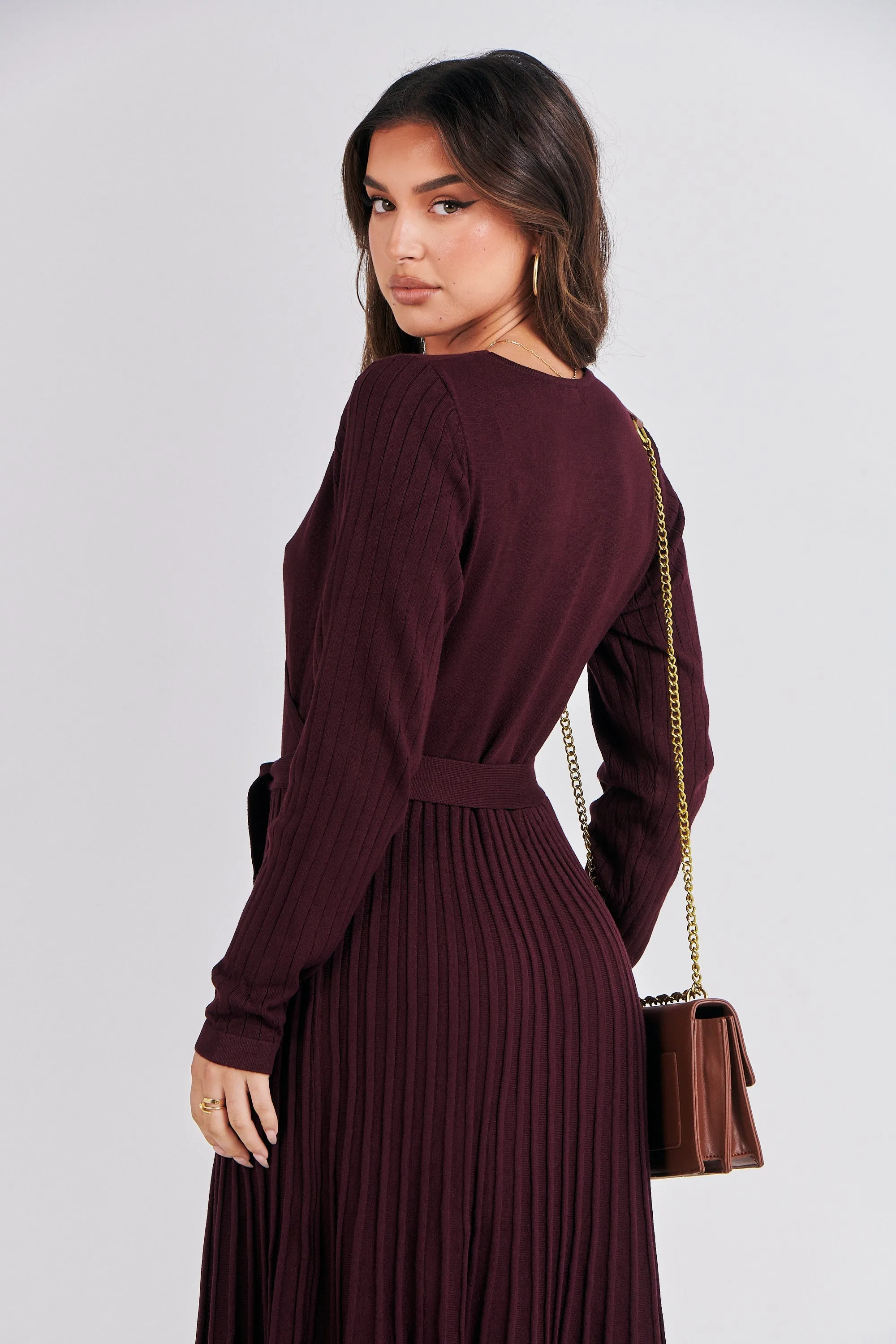 Parker Burgundy Long Sleeve Pleated Knit Midi Dress