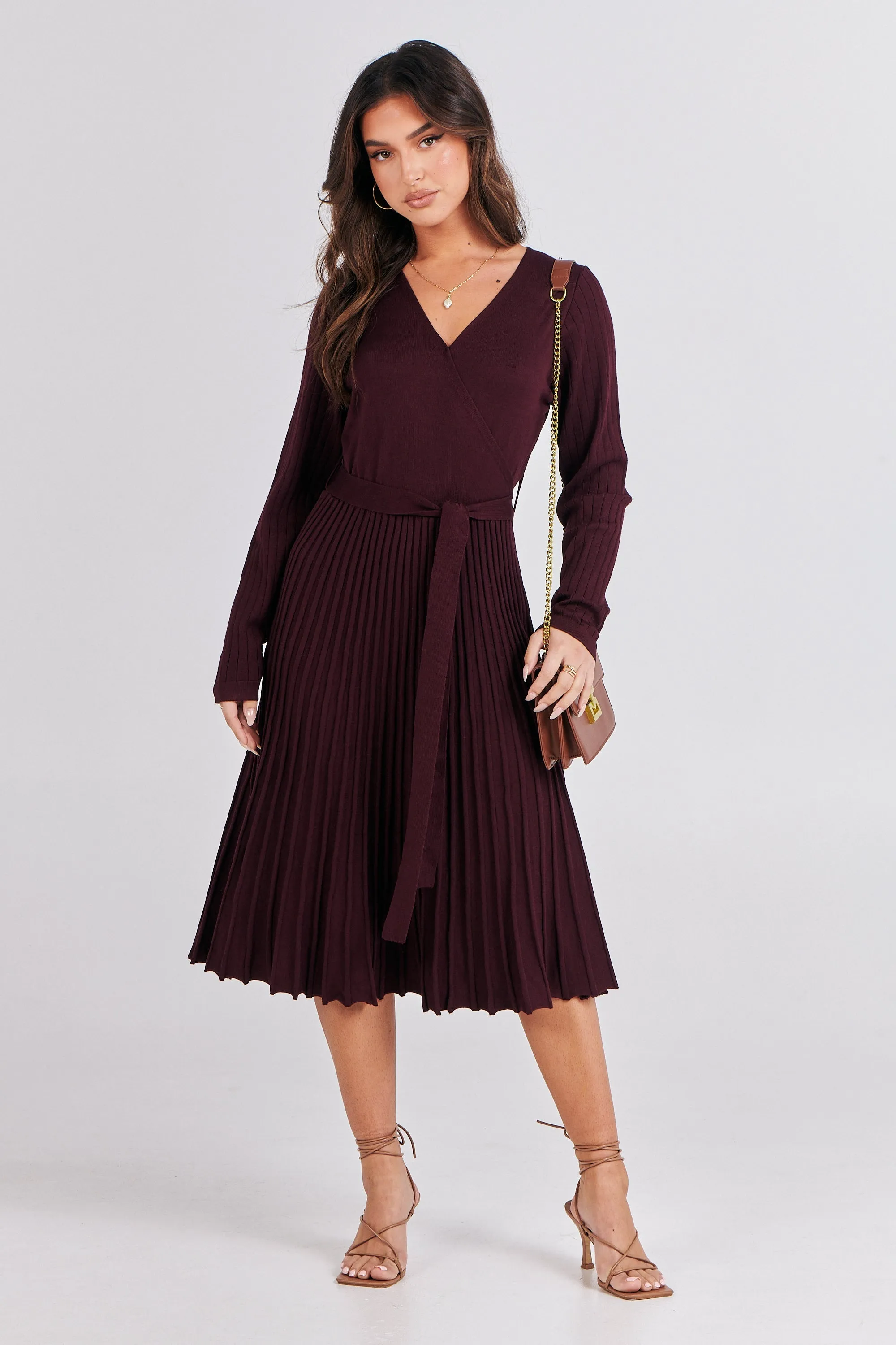 Parker Burgundy Long Sleeve Pleated Knit Midi Dress
