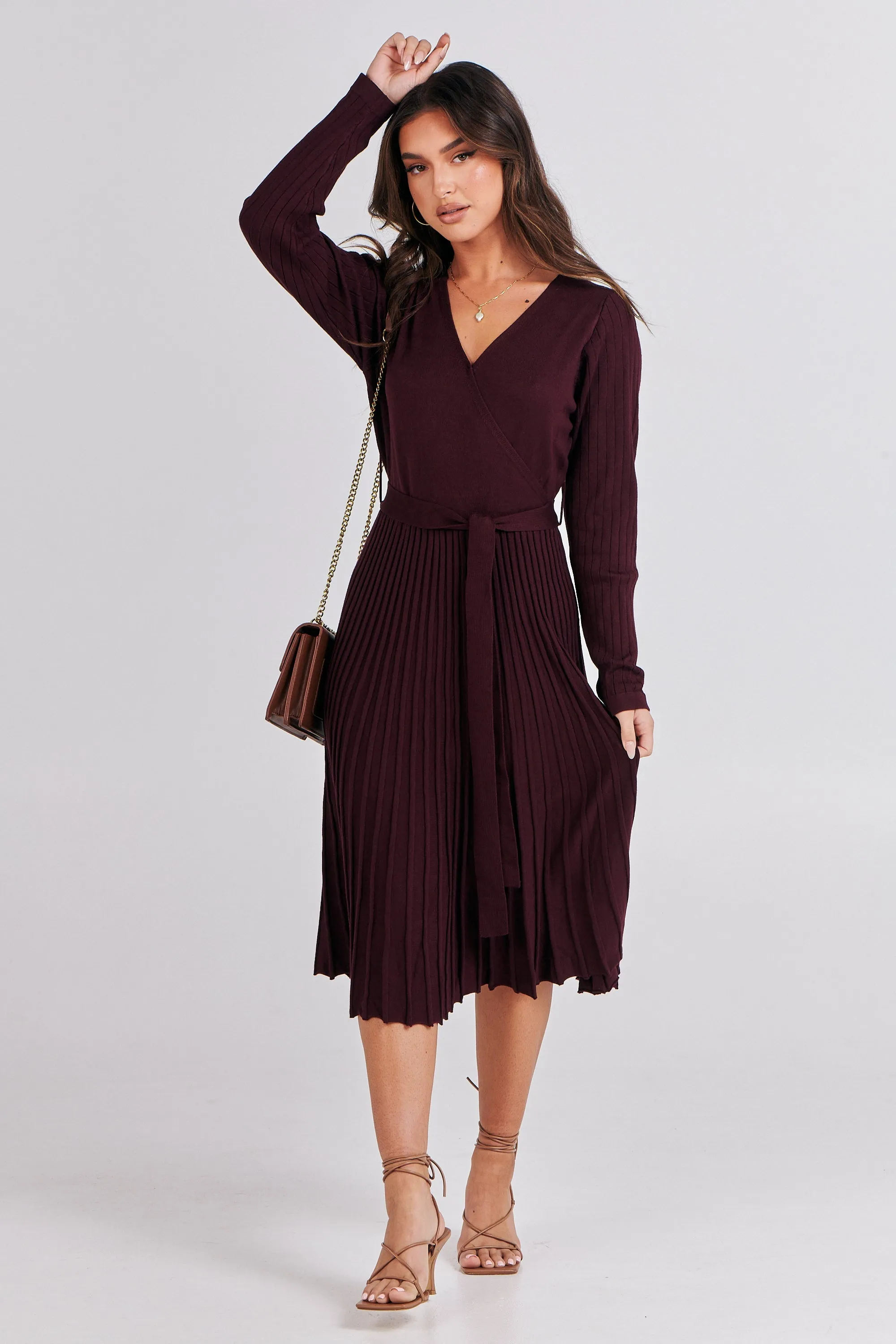 Parker Burgundy Long Sleeve Pleated Knit Midi Dress